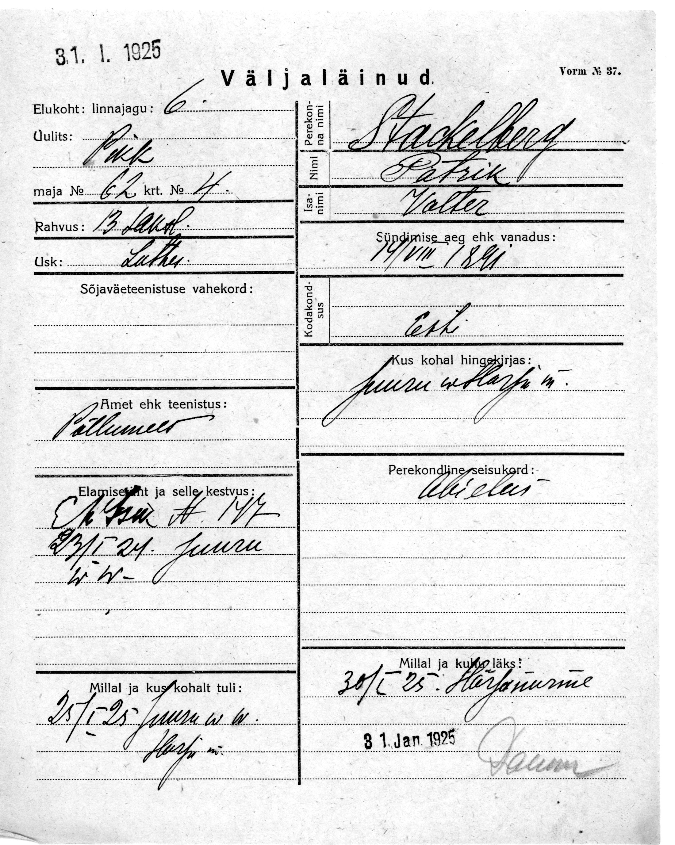 Stackelberg, Patrik, Valter