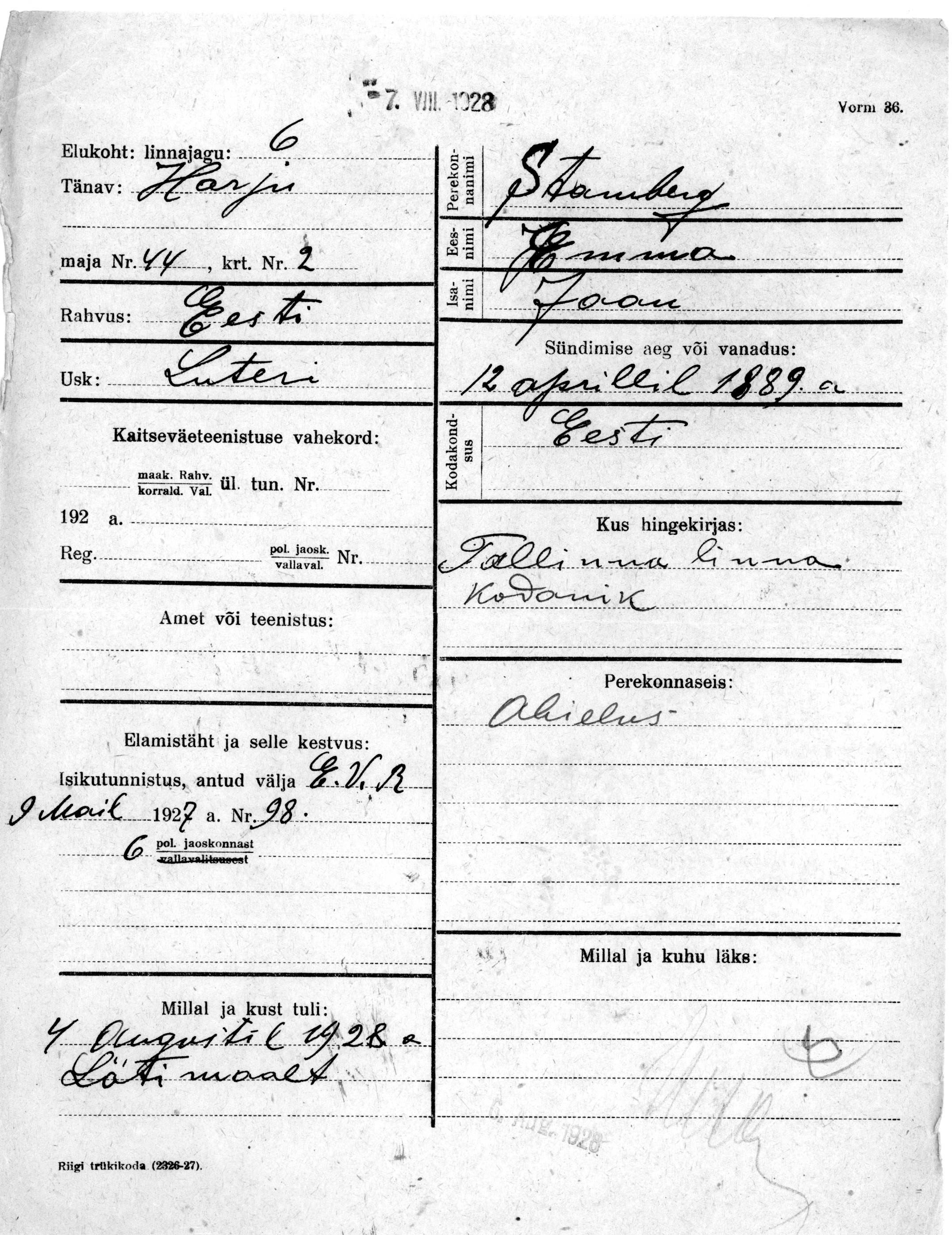 Stamberg, Emma, Jaan