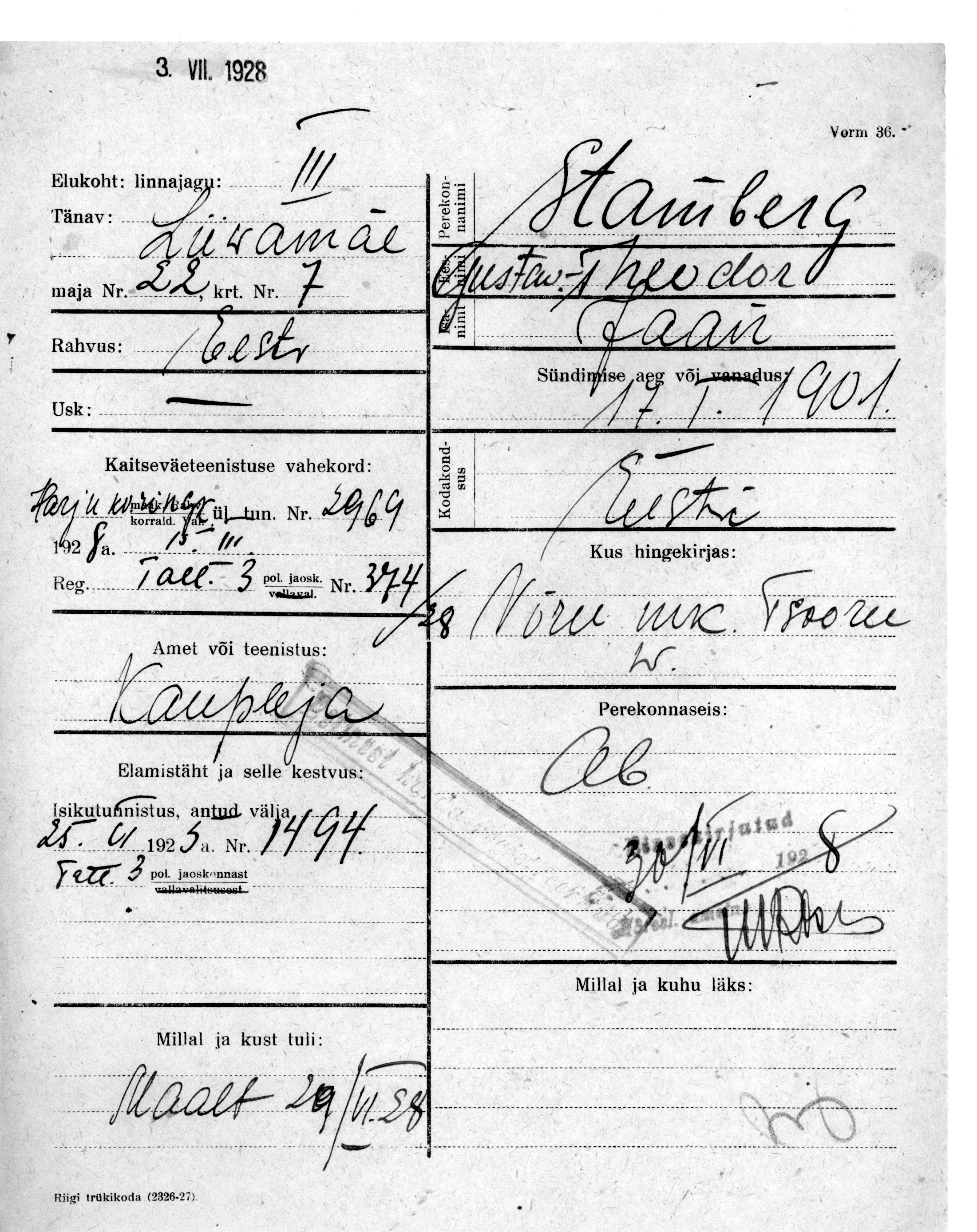 Stamberg, Gustaw-Theodor, Jaan