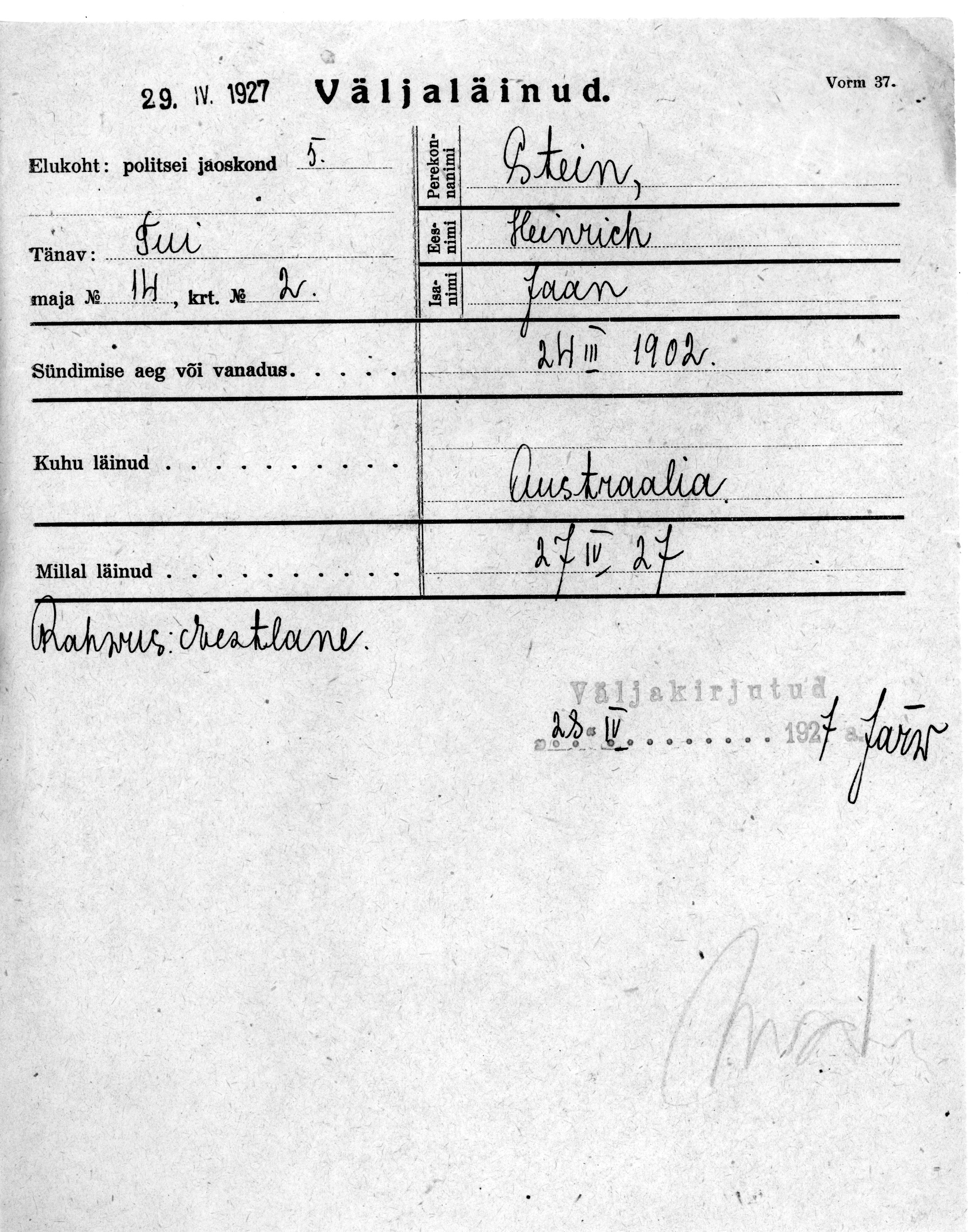 Stein, Heinrich, Jaan