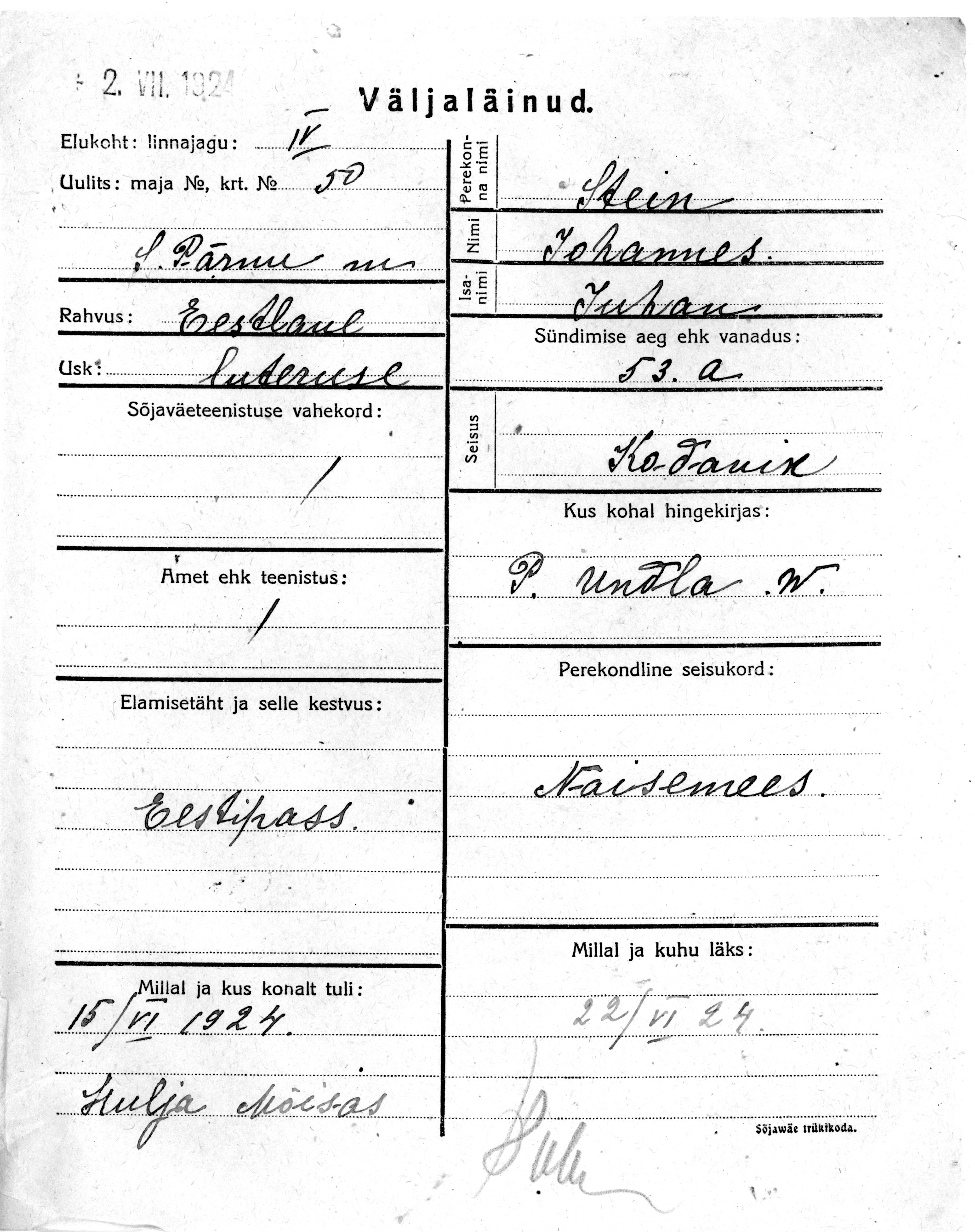 Stein, Johannes, Juhan