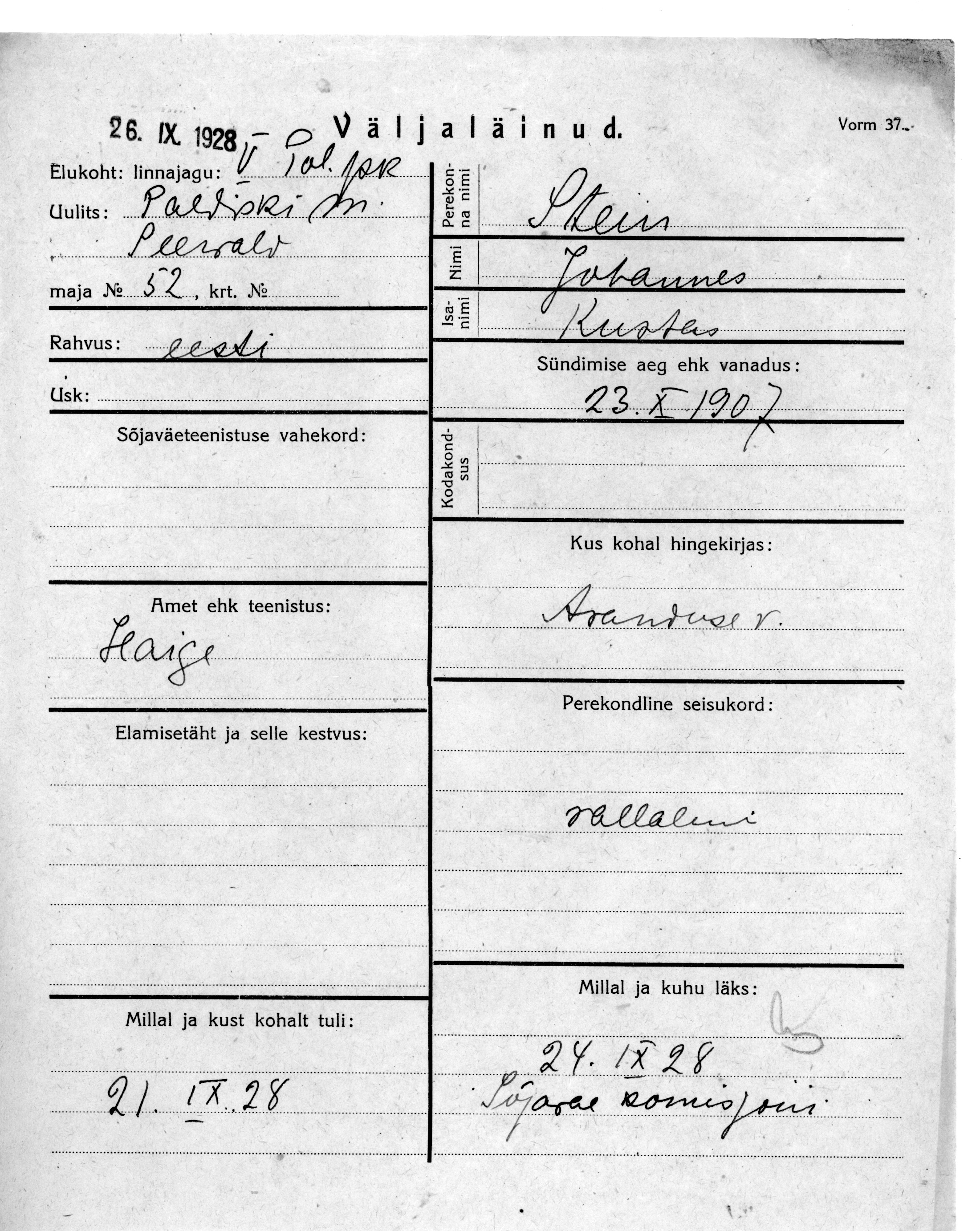 Stein, Johannes, Kustas