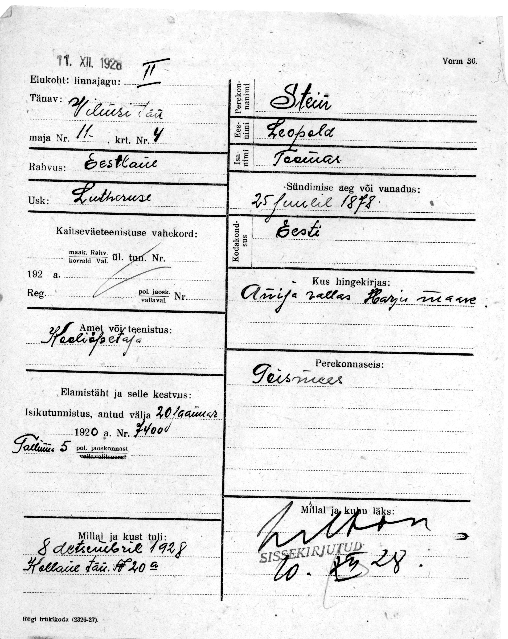 Stein, Leopold, Toomas