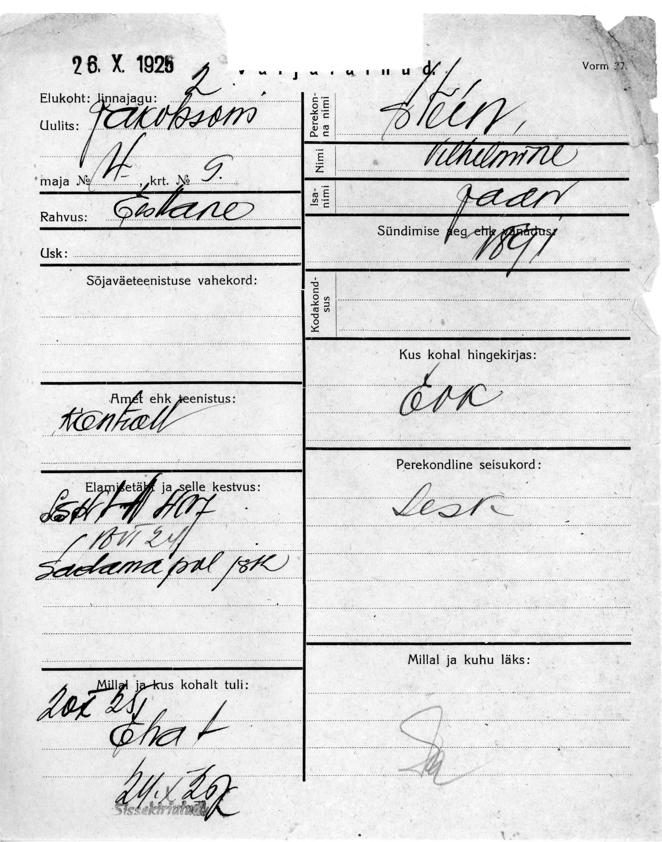 Stein, Vilhelmine, Jaan