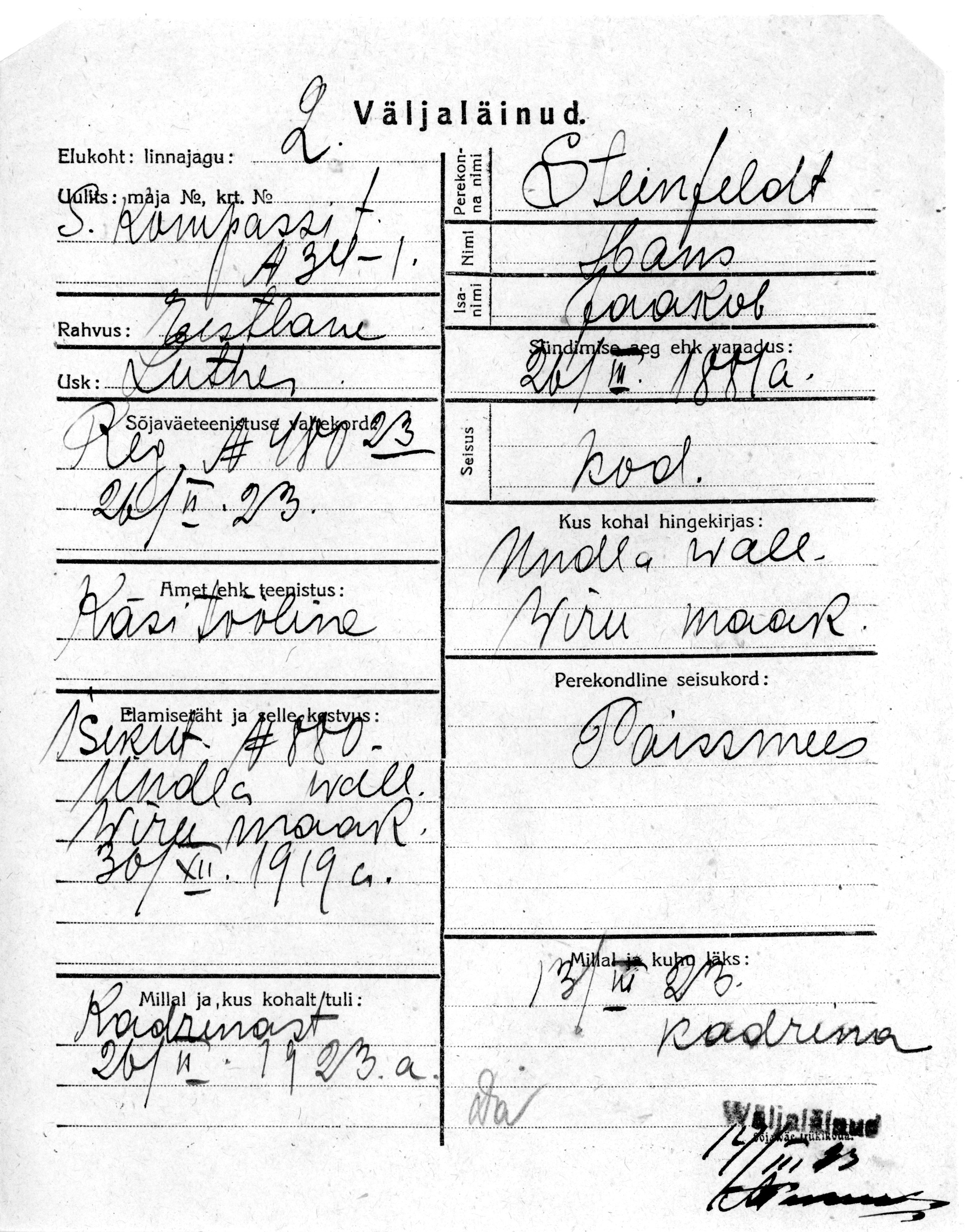 Steinfeldt, Hans, Jaakob