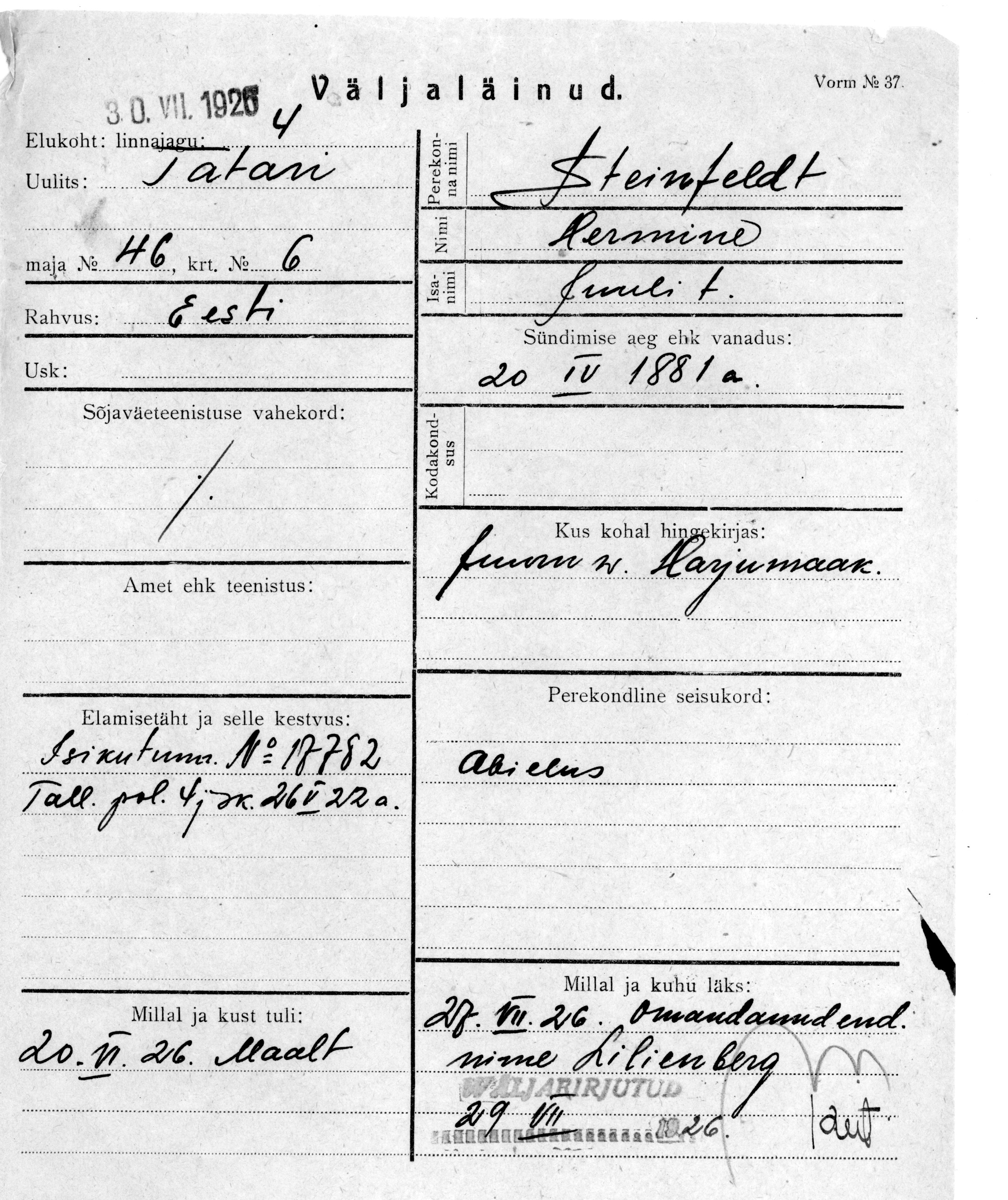 Steinfeldt, Hermine, Juuli