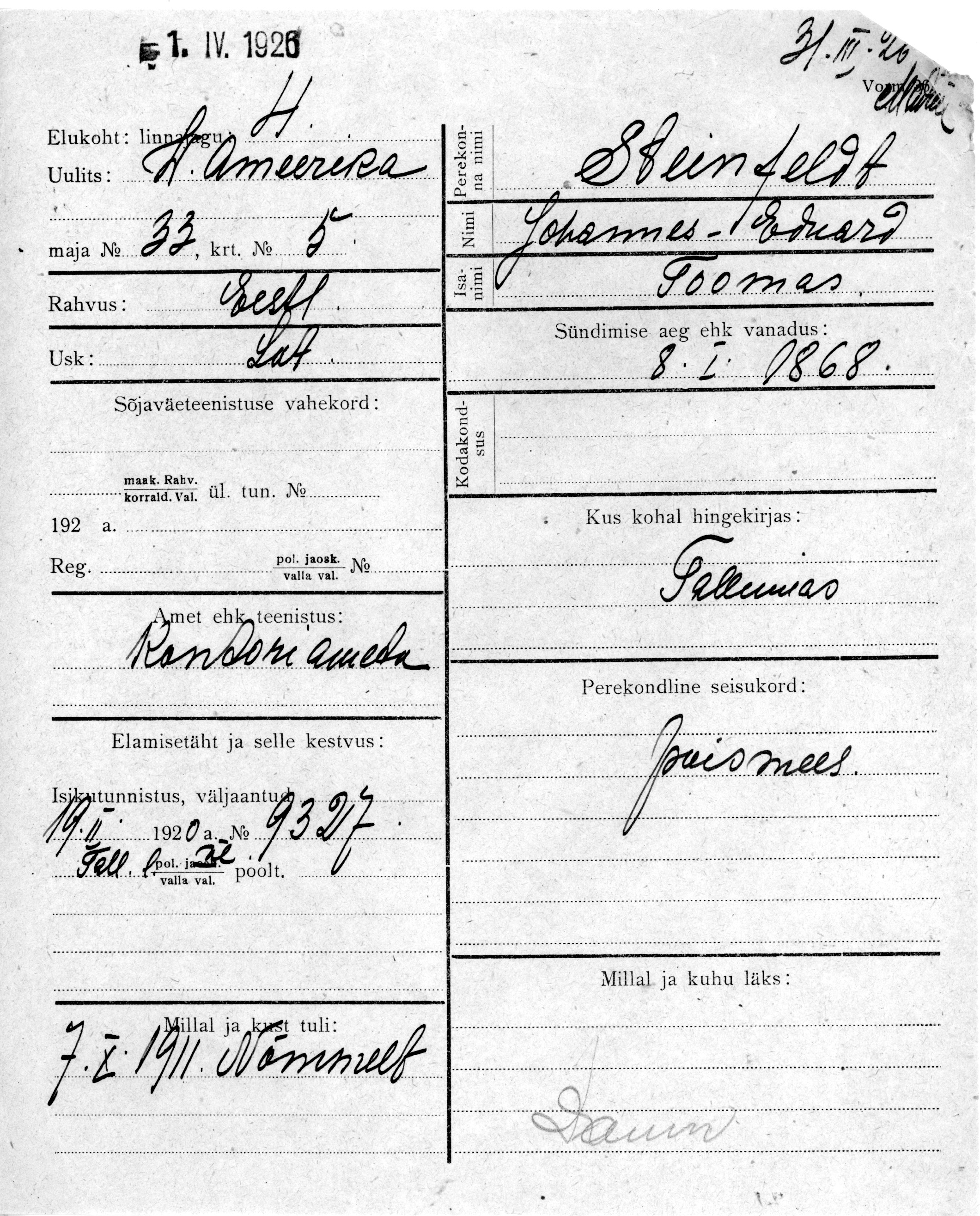 Steinfeldt, Johannes-Eduard, Toomas