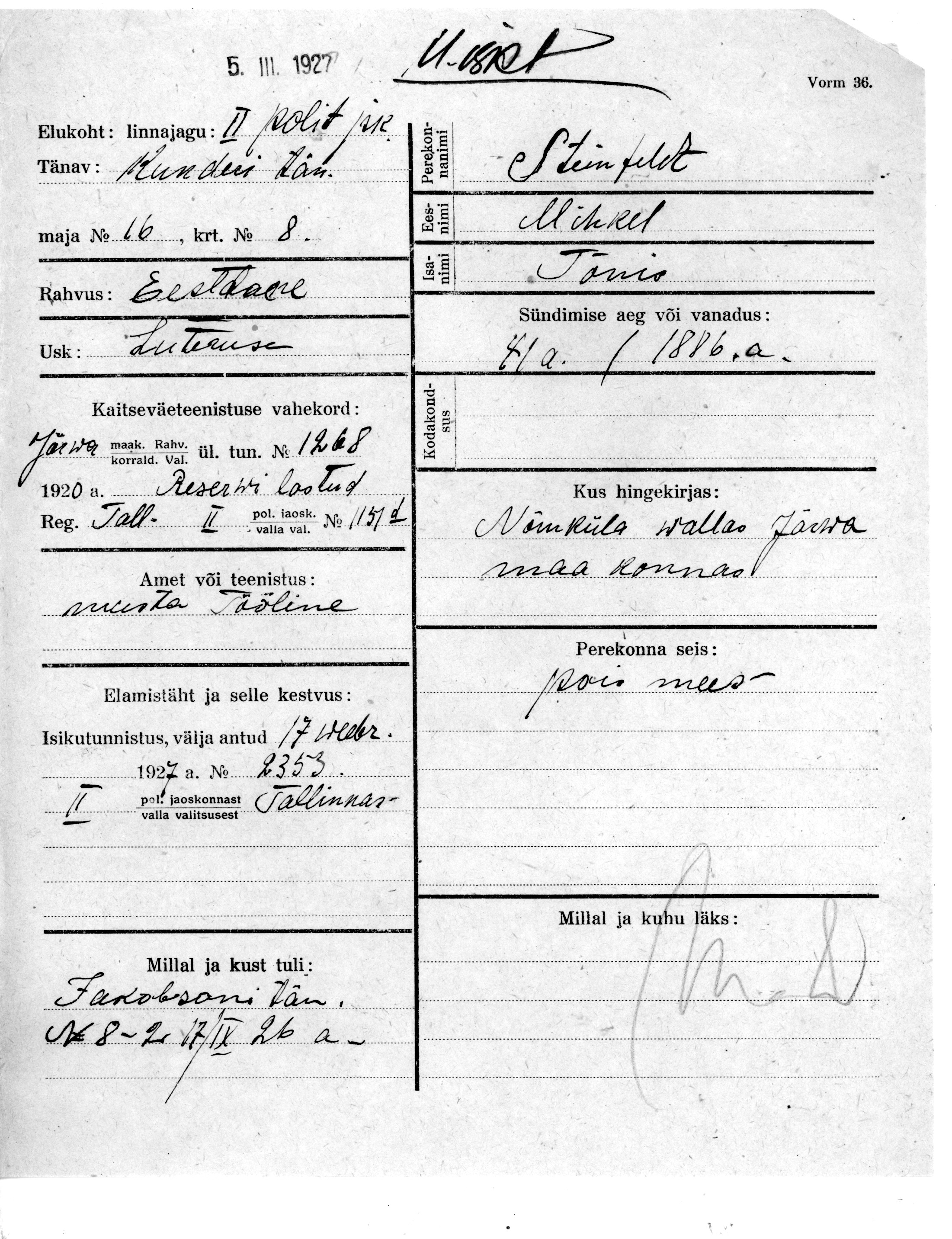 Steinfeldt, Mihkel, Tõnis