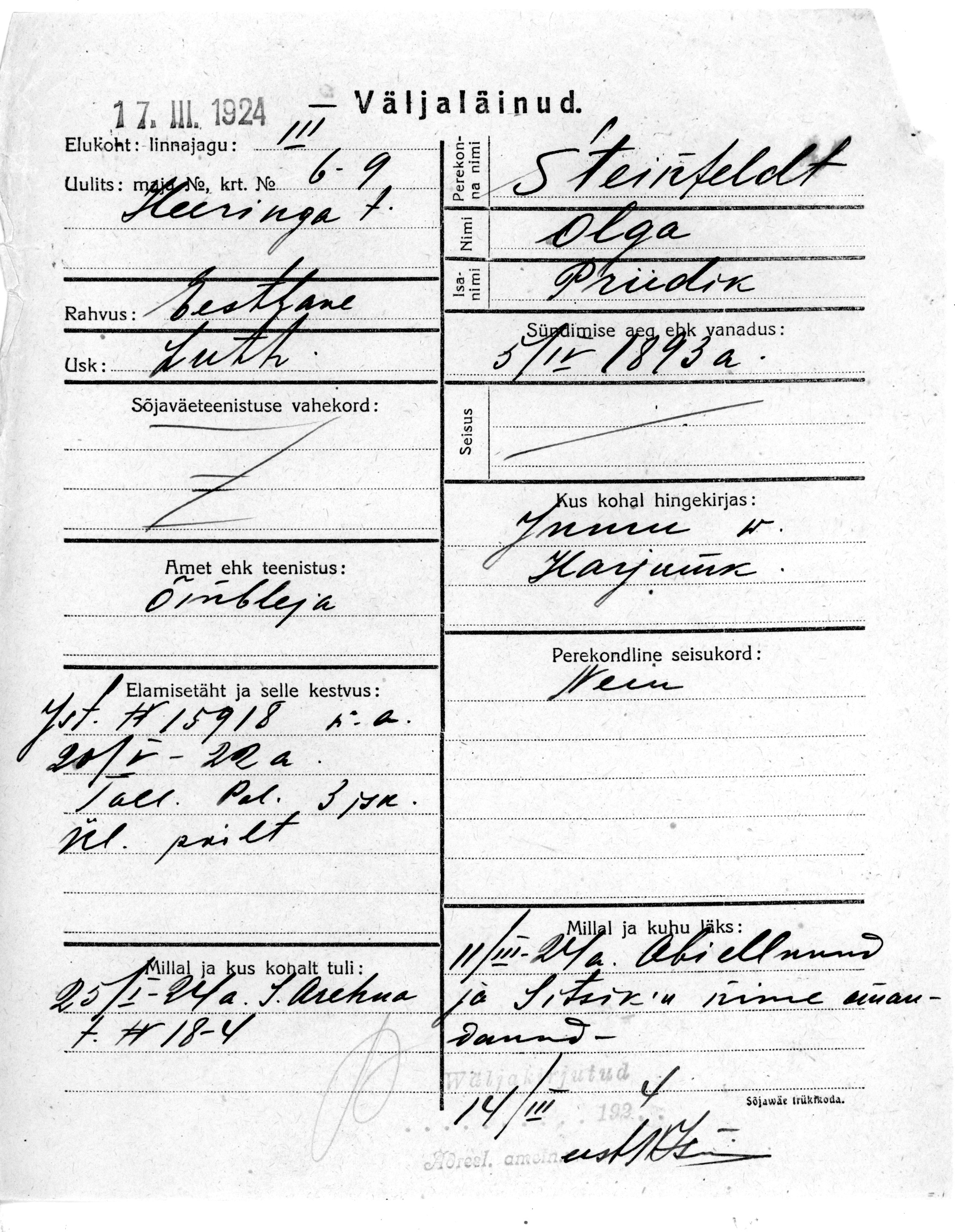 Steinfeldt, Olga, Priidik