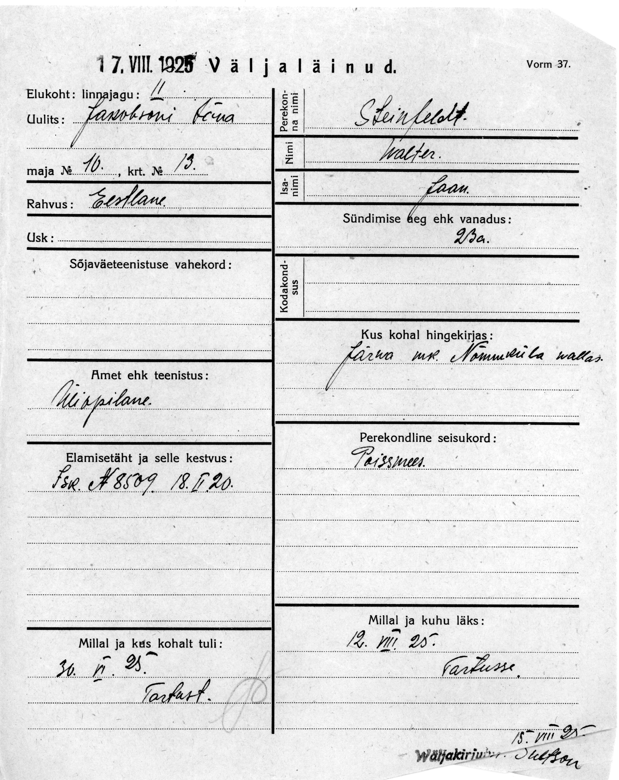 Steinfeldt, Walter, Jaan