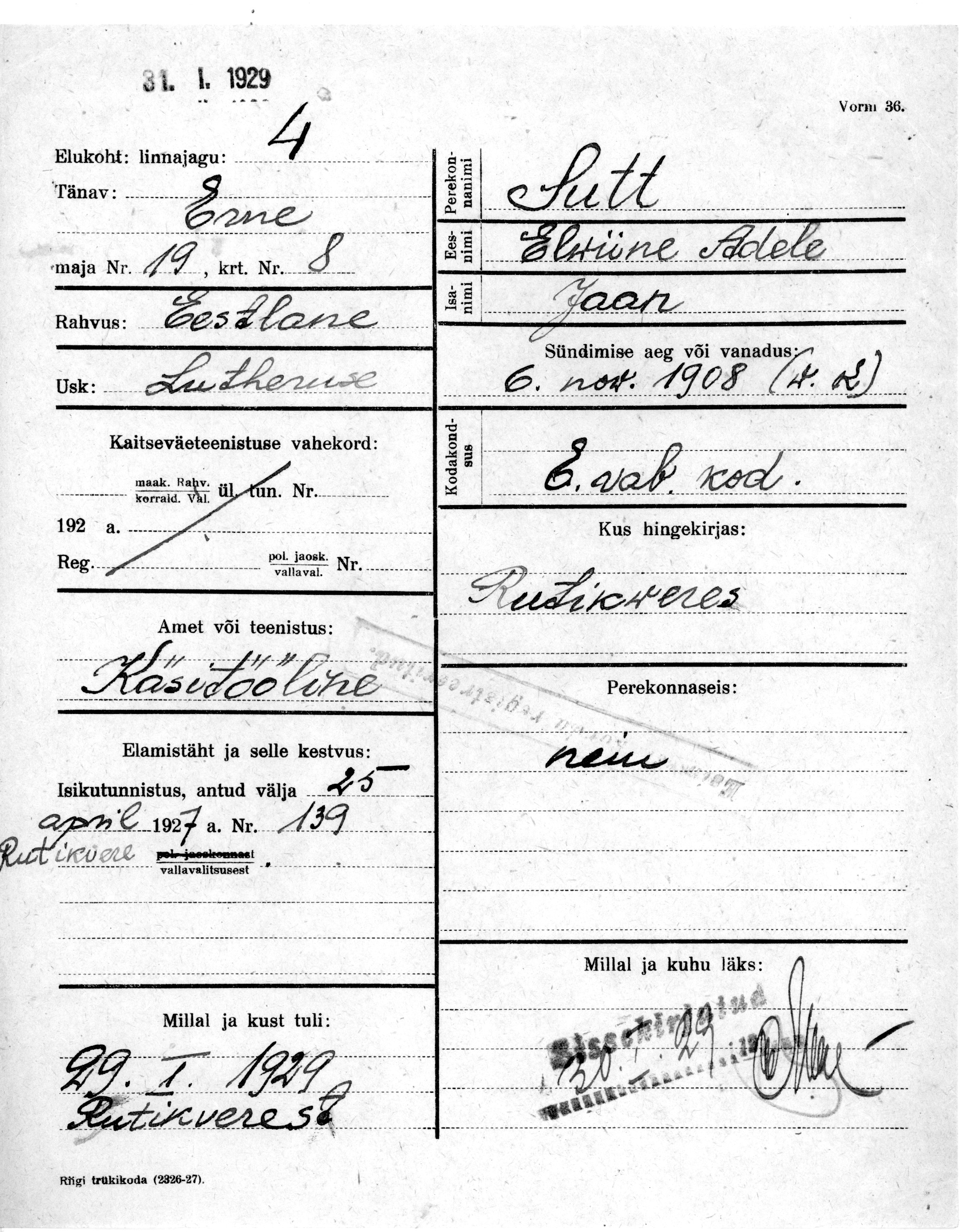 Sutt, Elwiine adele, Jaan