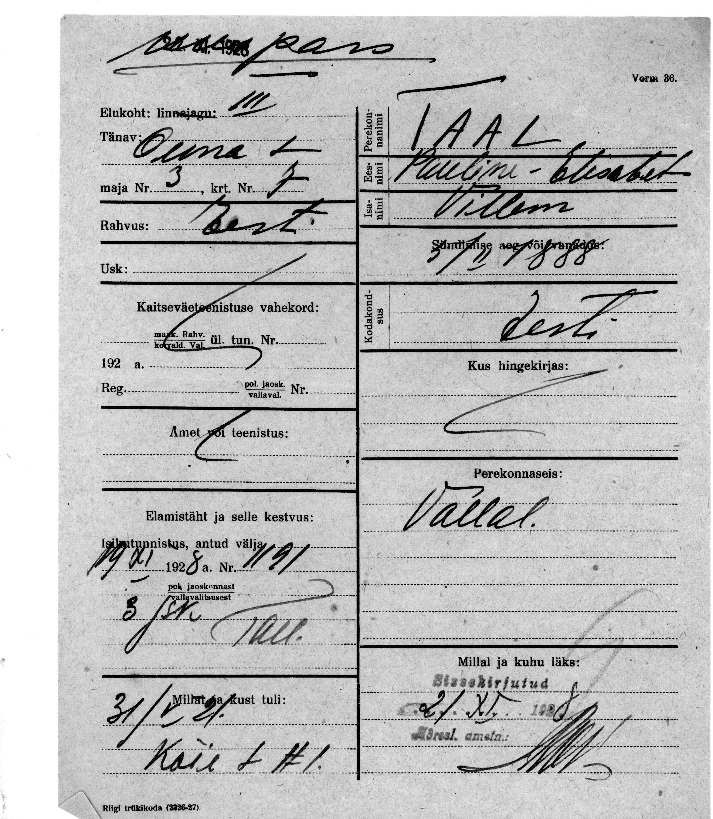 Taal, Pauline-Elisabet, Villem