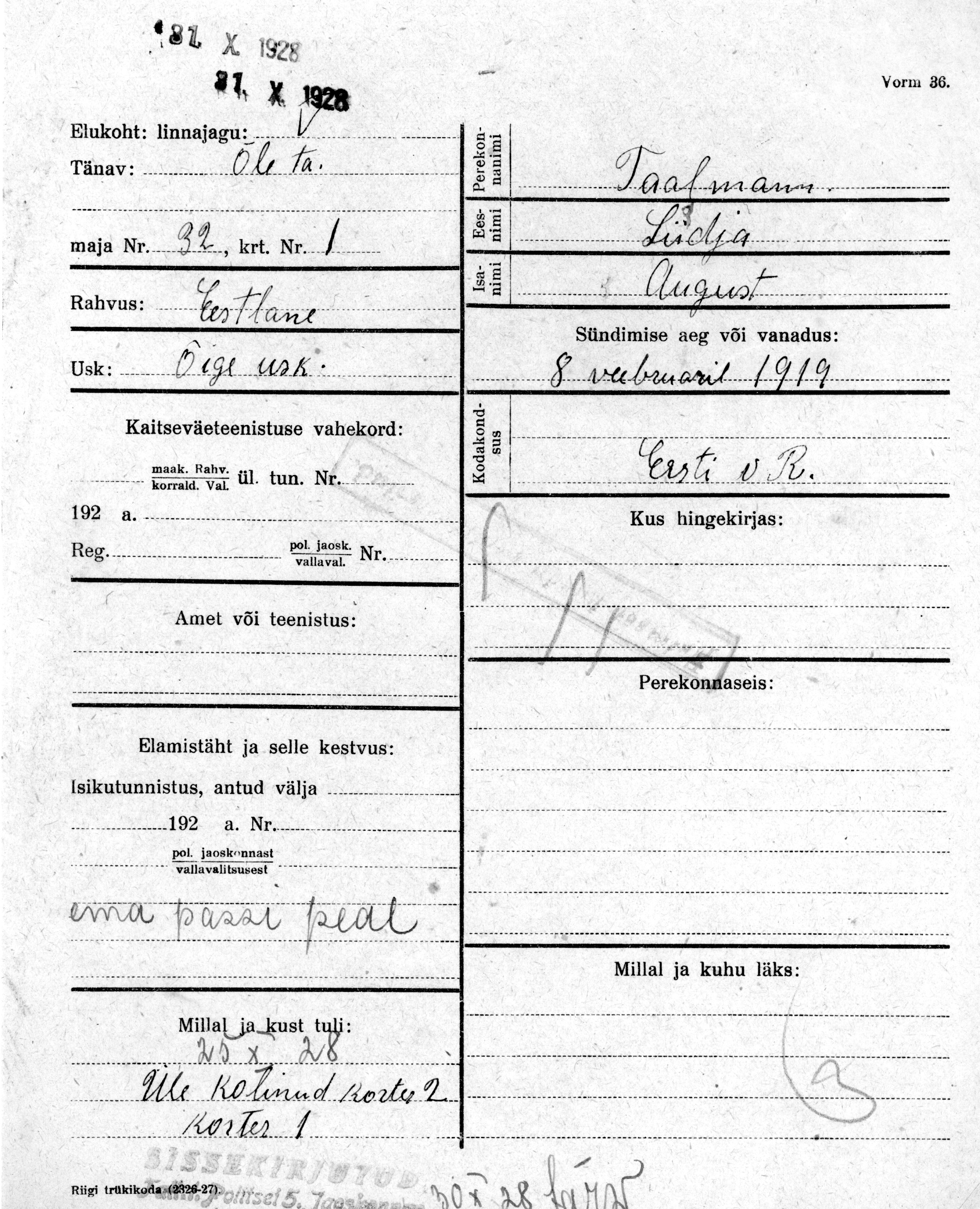 Taalmann, Liidja, August