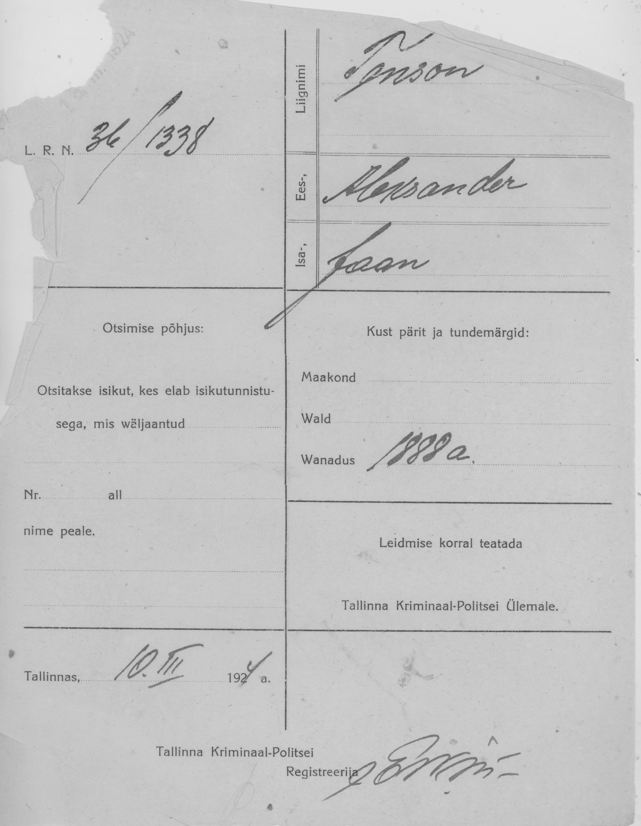 Tenson, Aleksander, Jaan