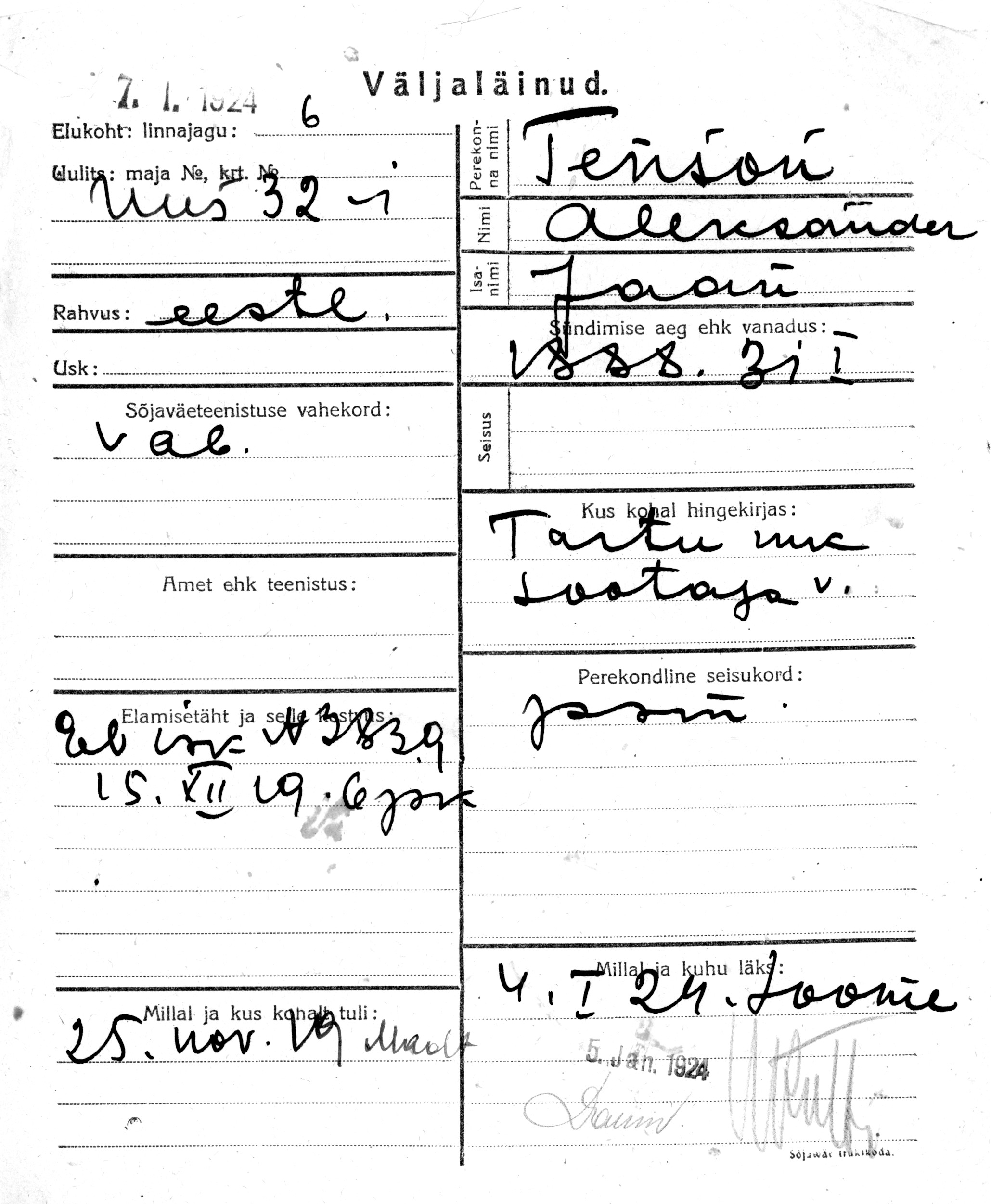 Tenson, Aleksander, Jaan