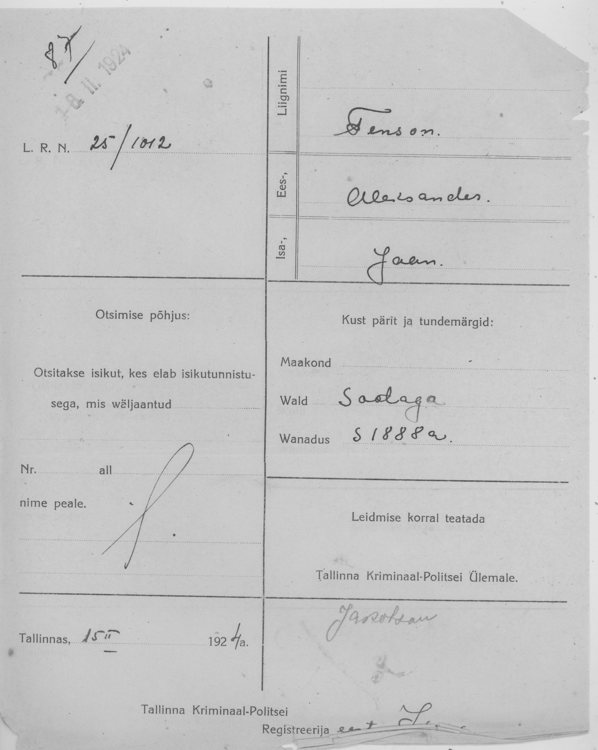 Tenson, Aleksander, Jaan