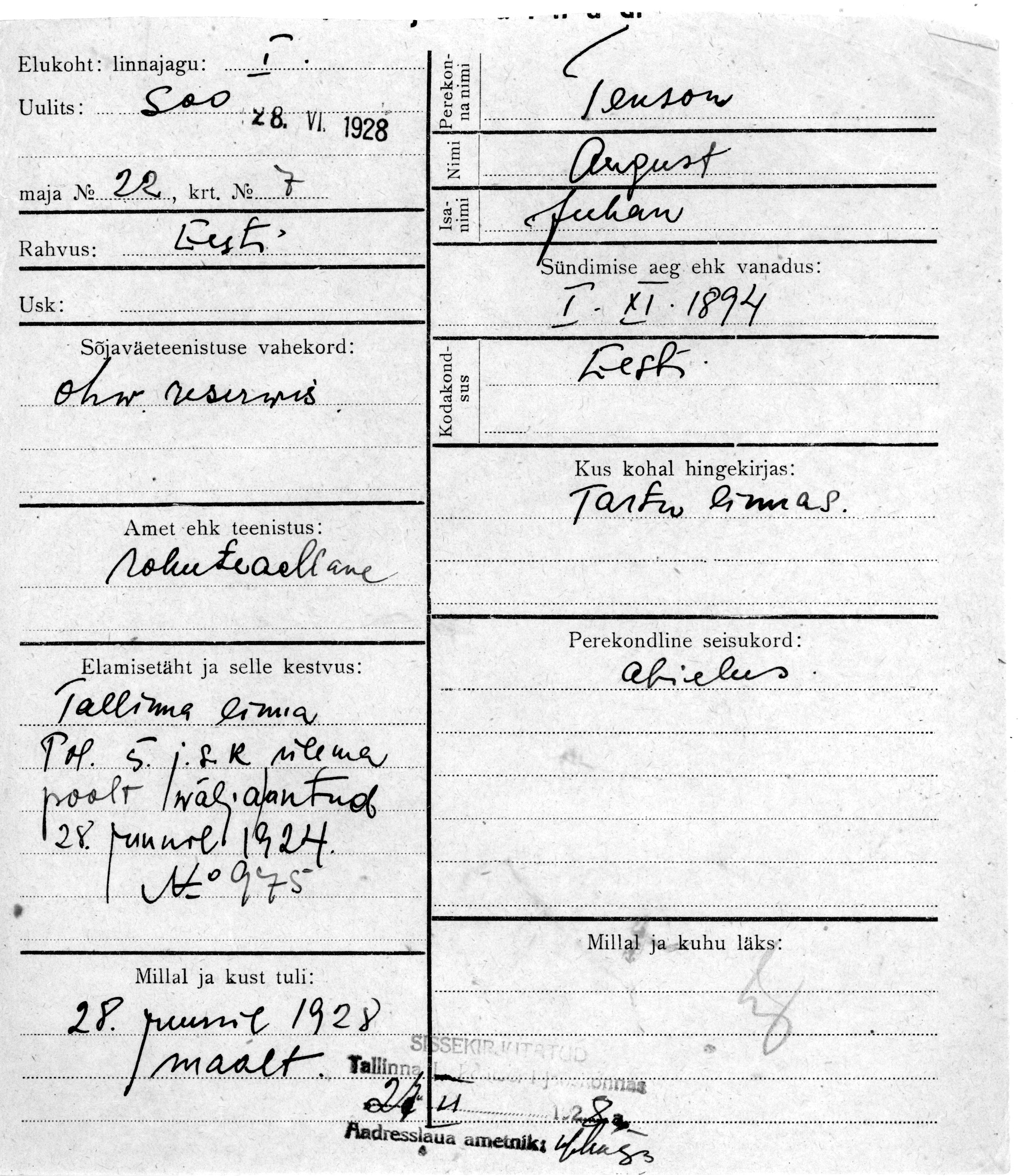 Tenson, August, Juhan