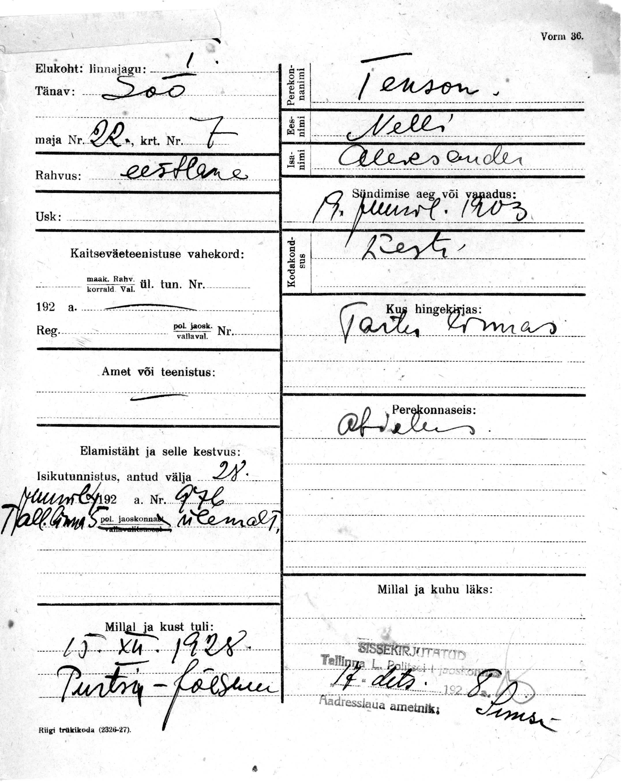 Tenson, Nelli, Aleksander