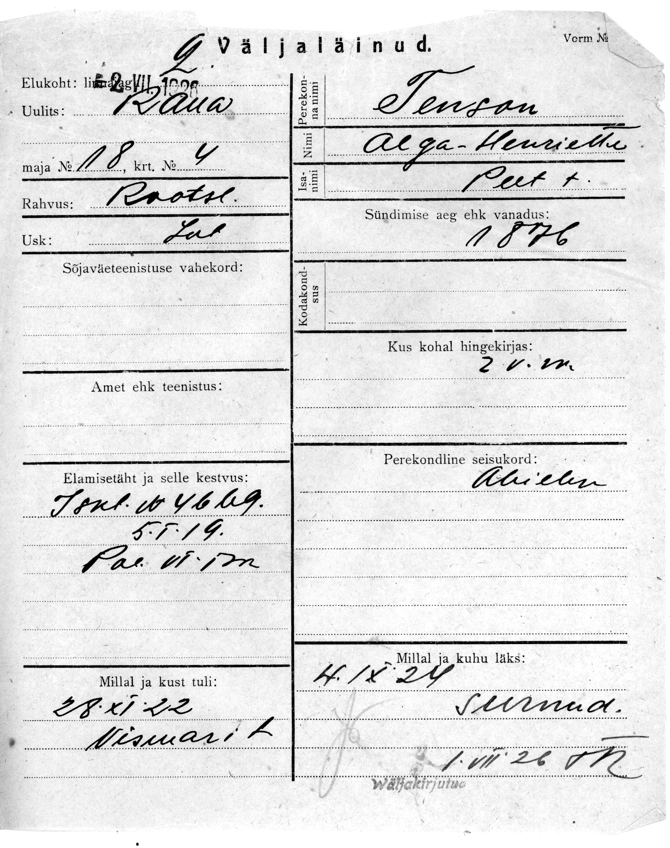 Tenson, Olga-Henriette, Peet