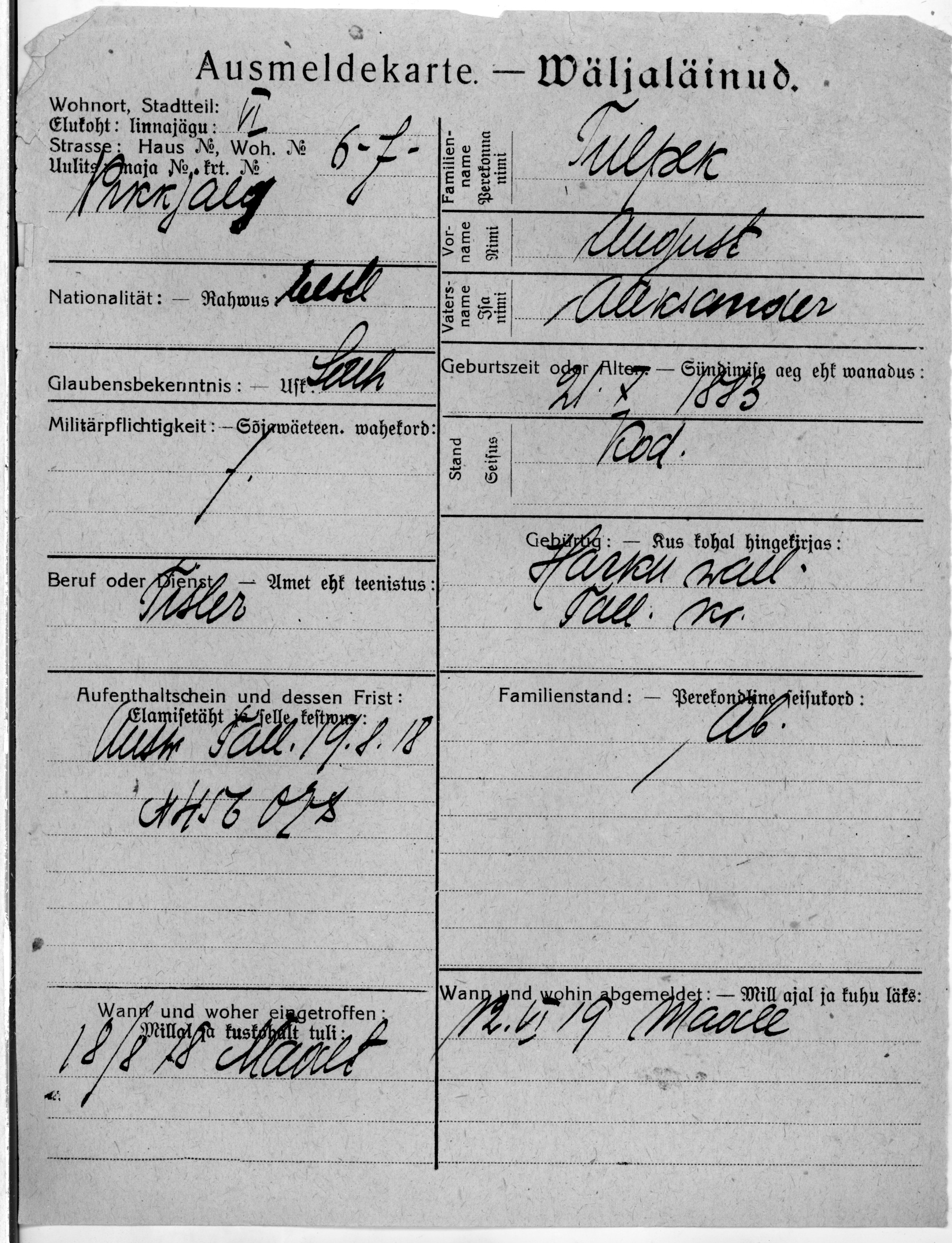 Tulpek, August, Aleksander