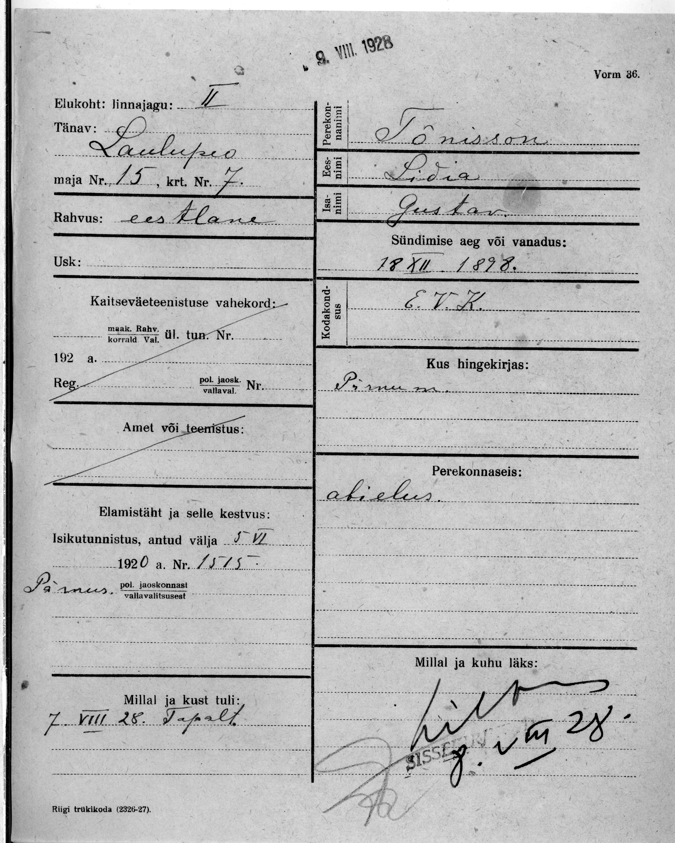 Tõnisson, Lidia, Gustaw