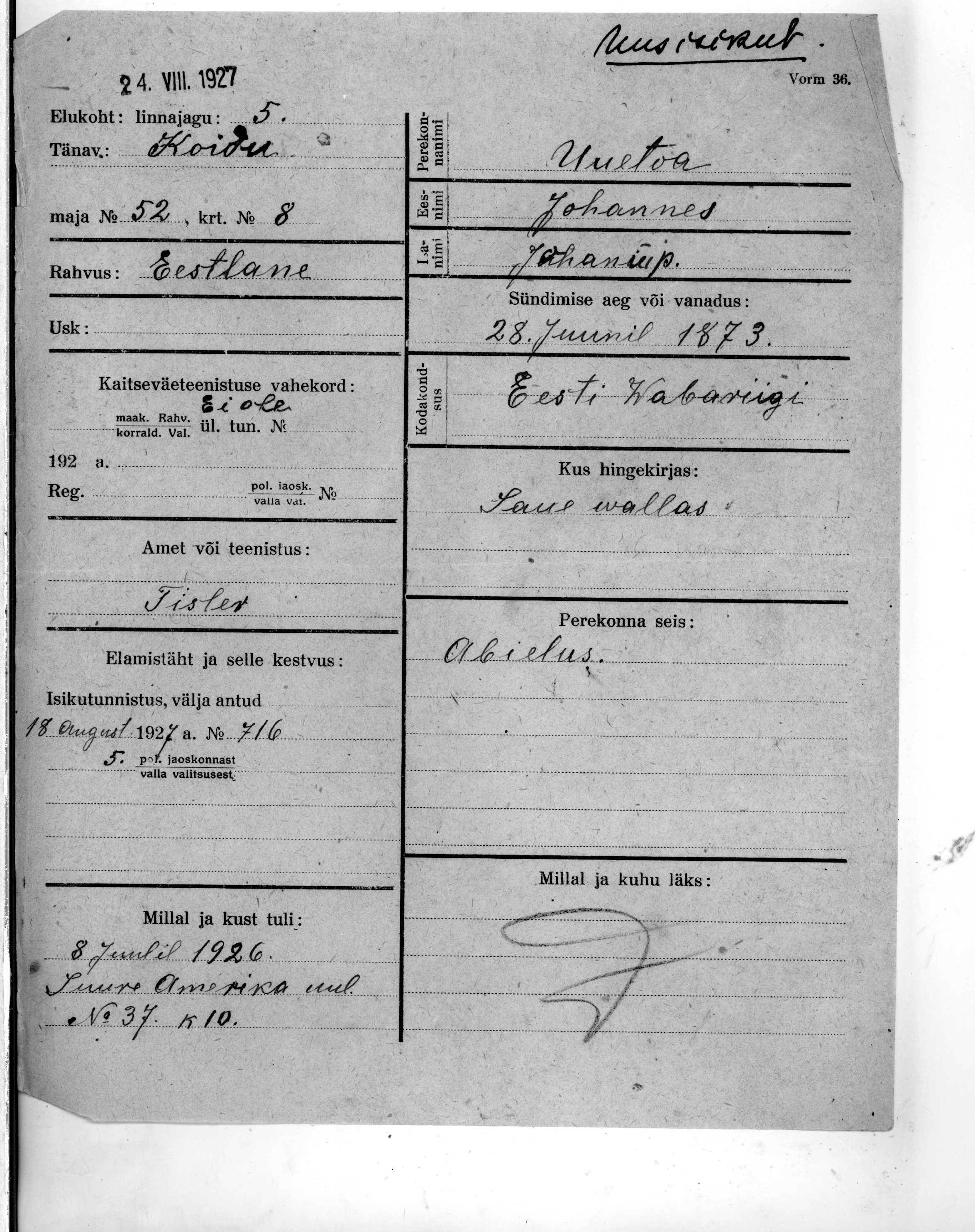 Uuetoa, Johannes, Johannes