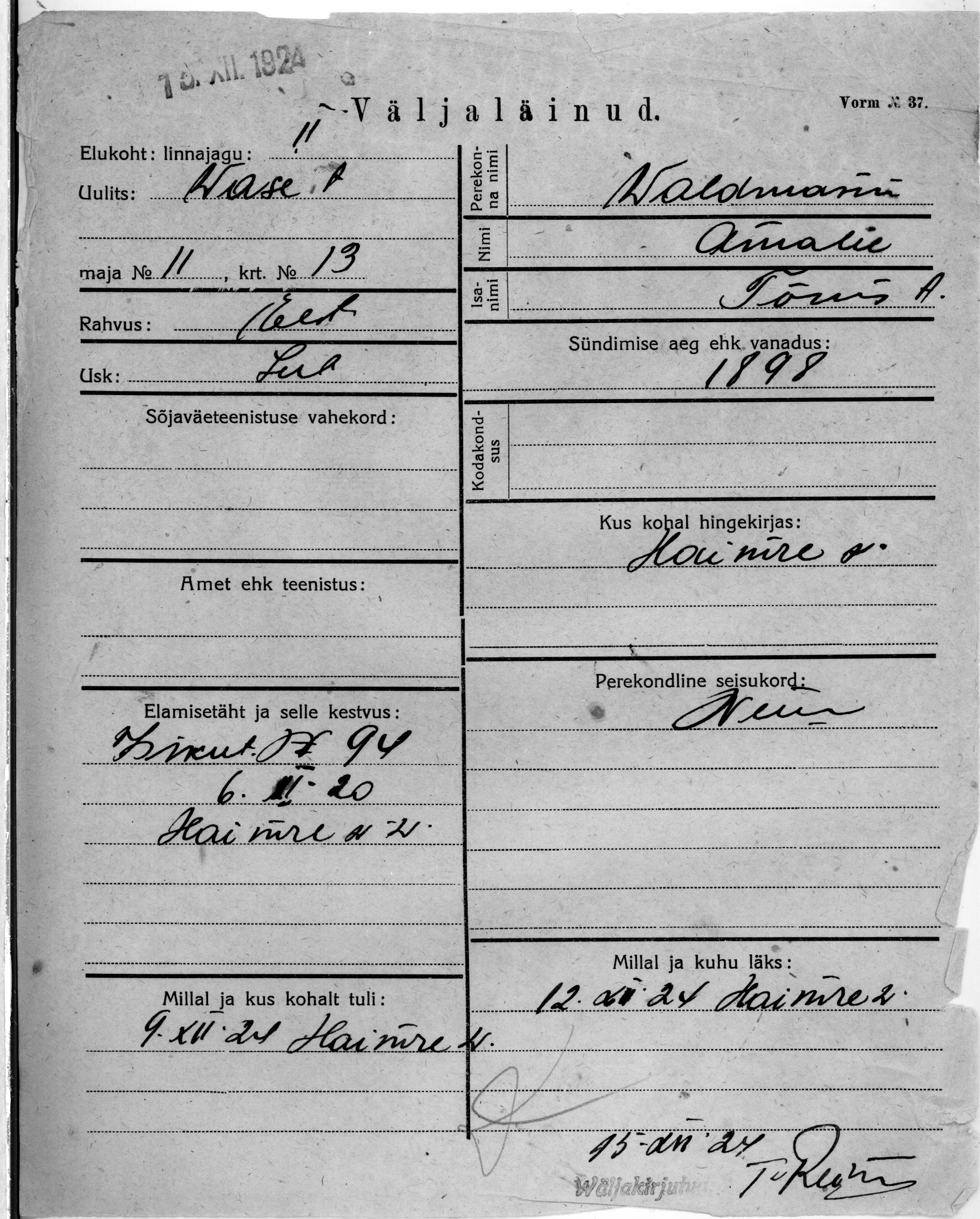 Waldmann, Amalie, Tõnis