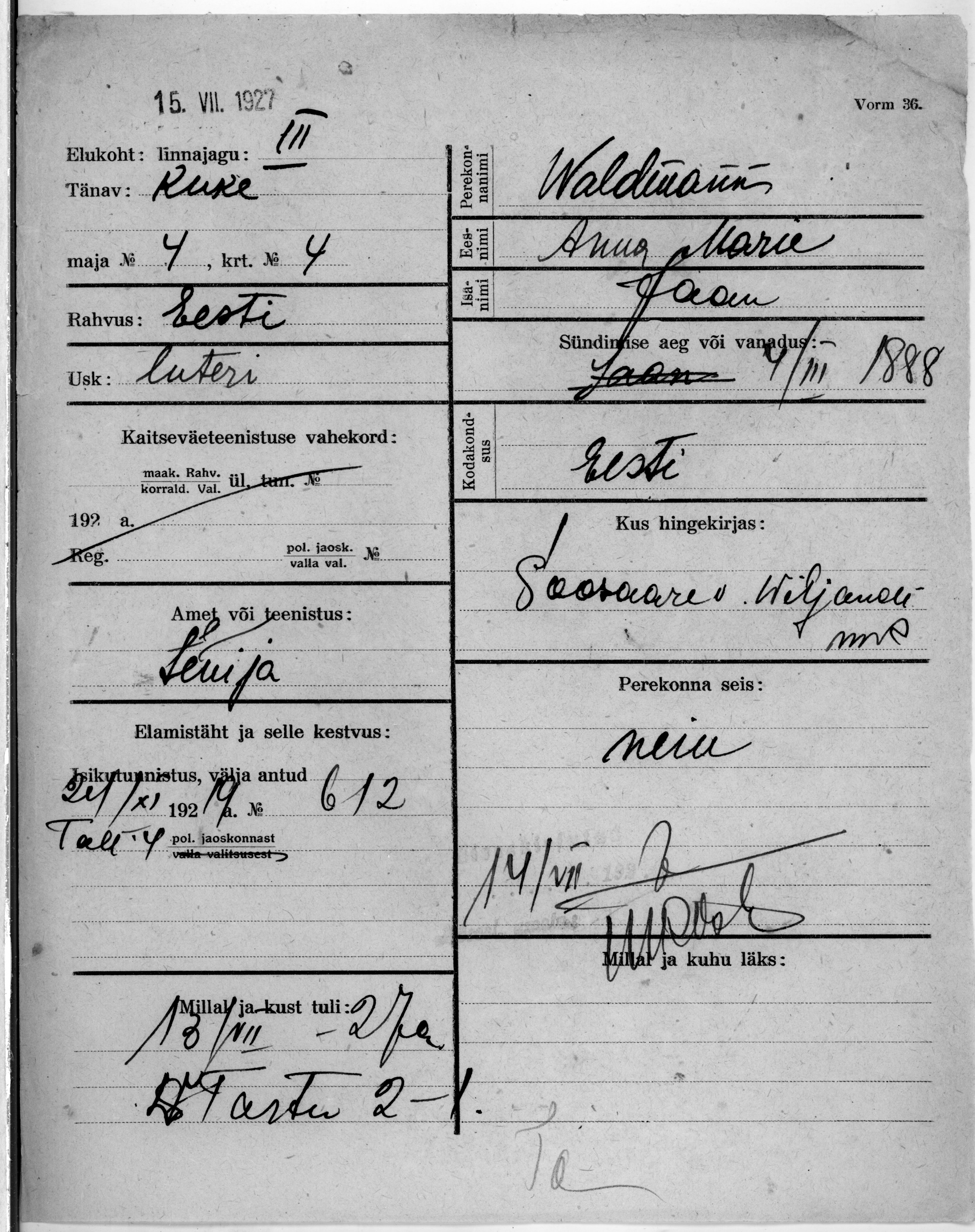 Waldmann, Anna marie, Jaan