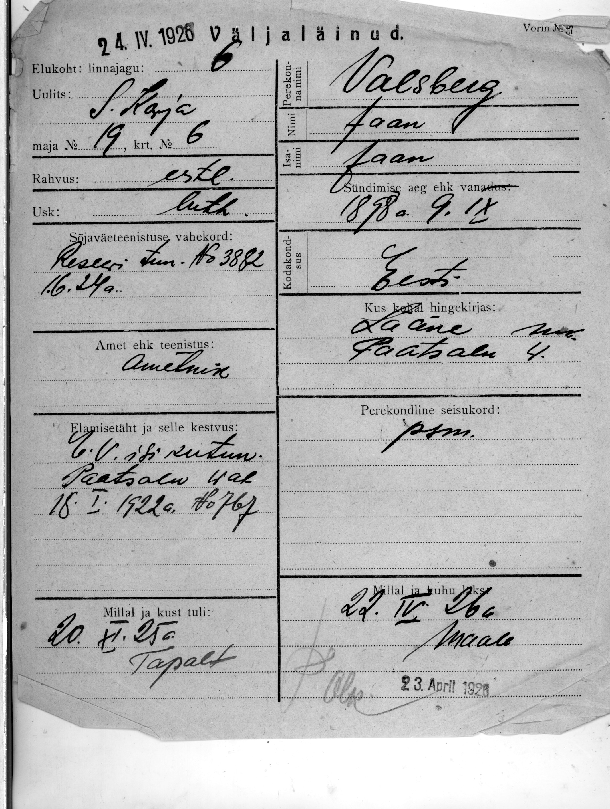 Valsberg, Jaan, Jaan