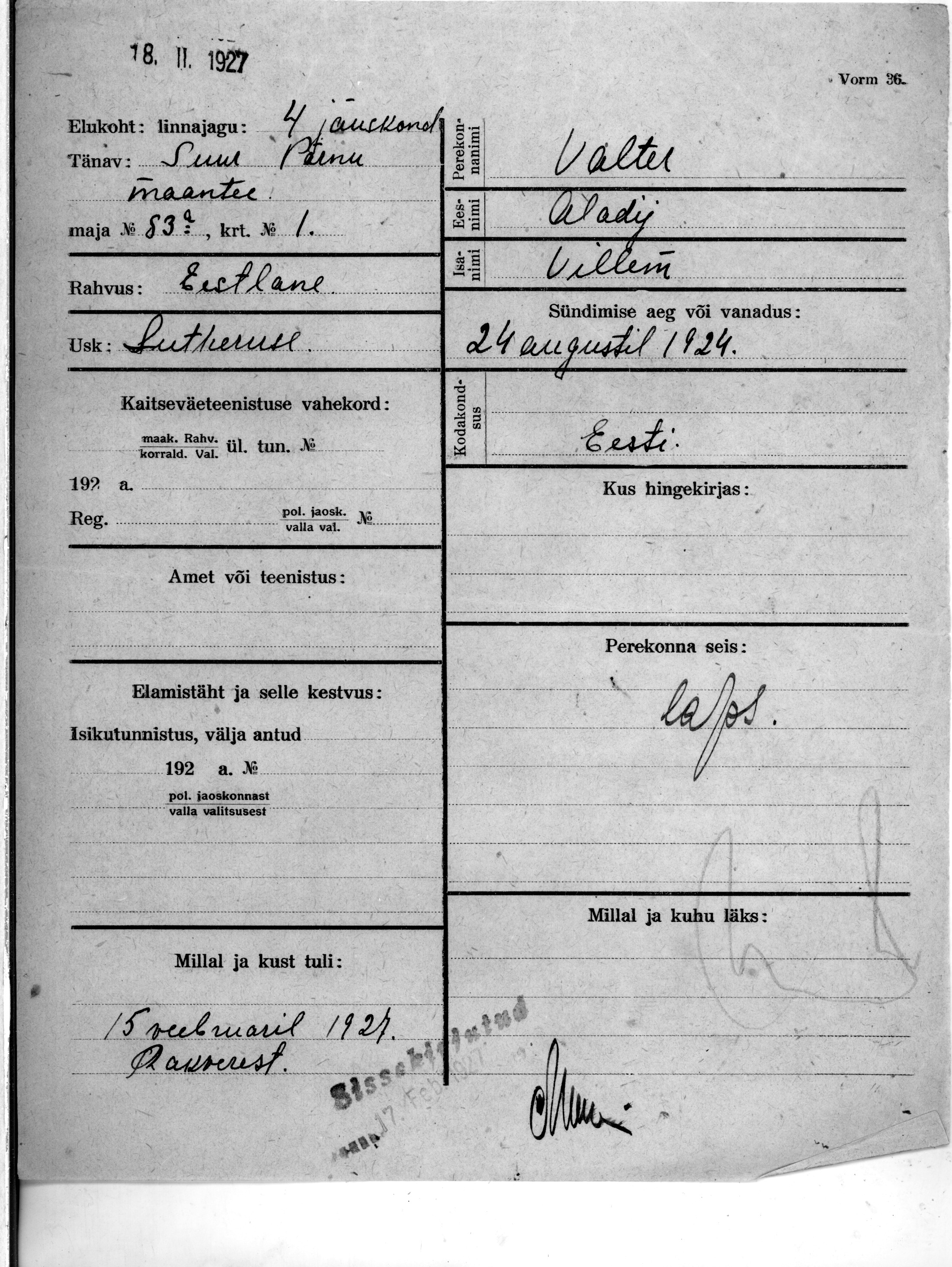 Valter, Aladij, Villem