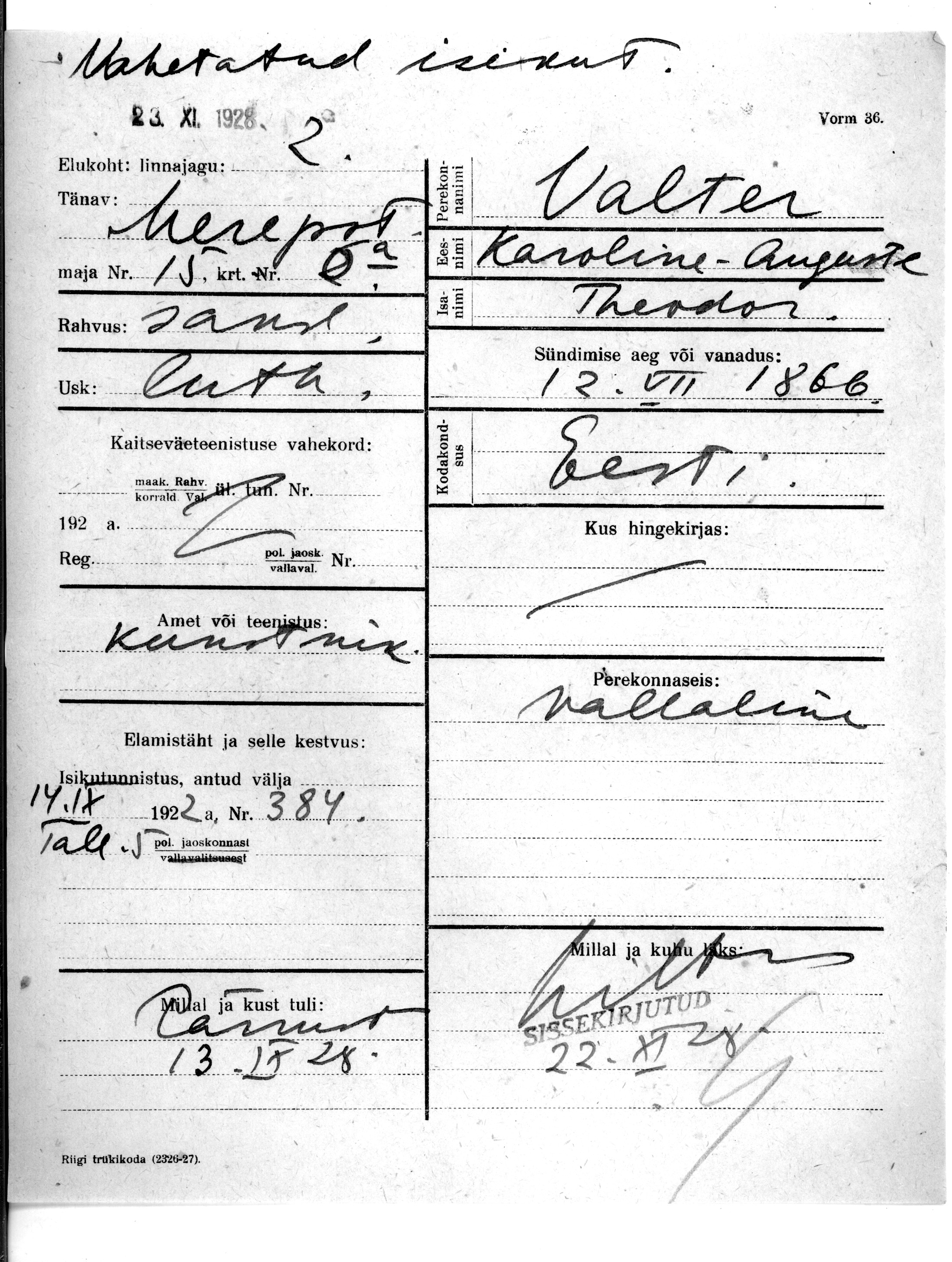 Valter, Karoline-Auguste, Theodor