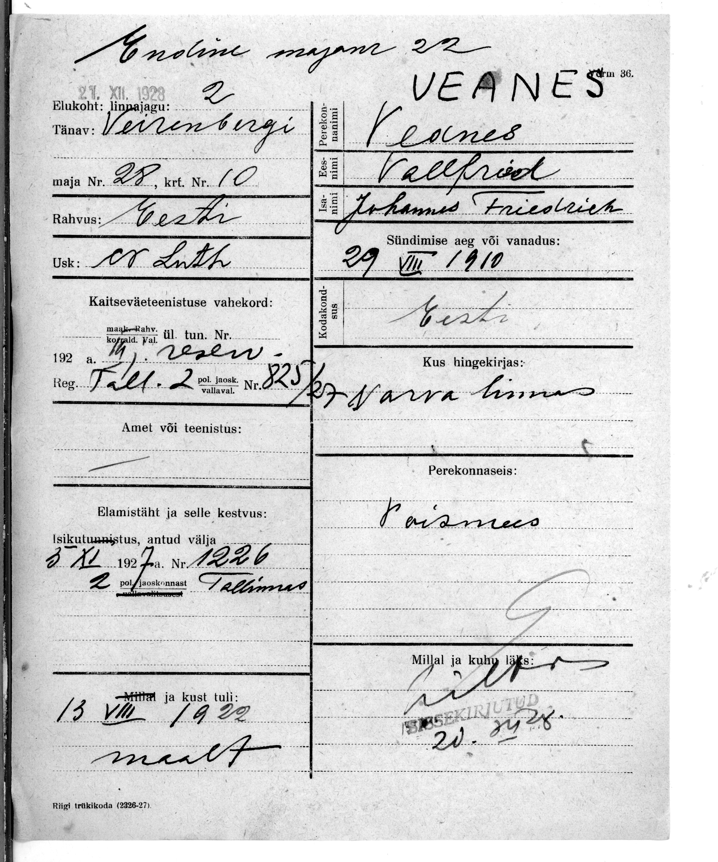 Veanes, Vallfried, Johannes friedrich