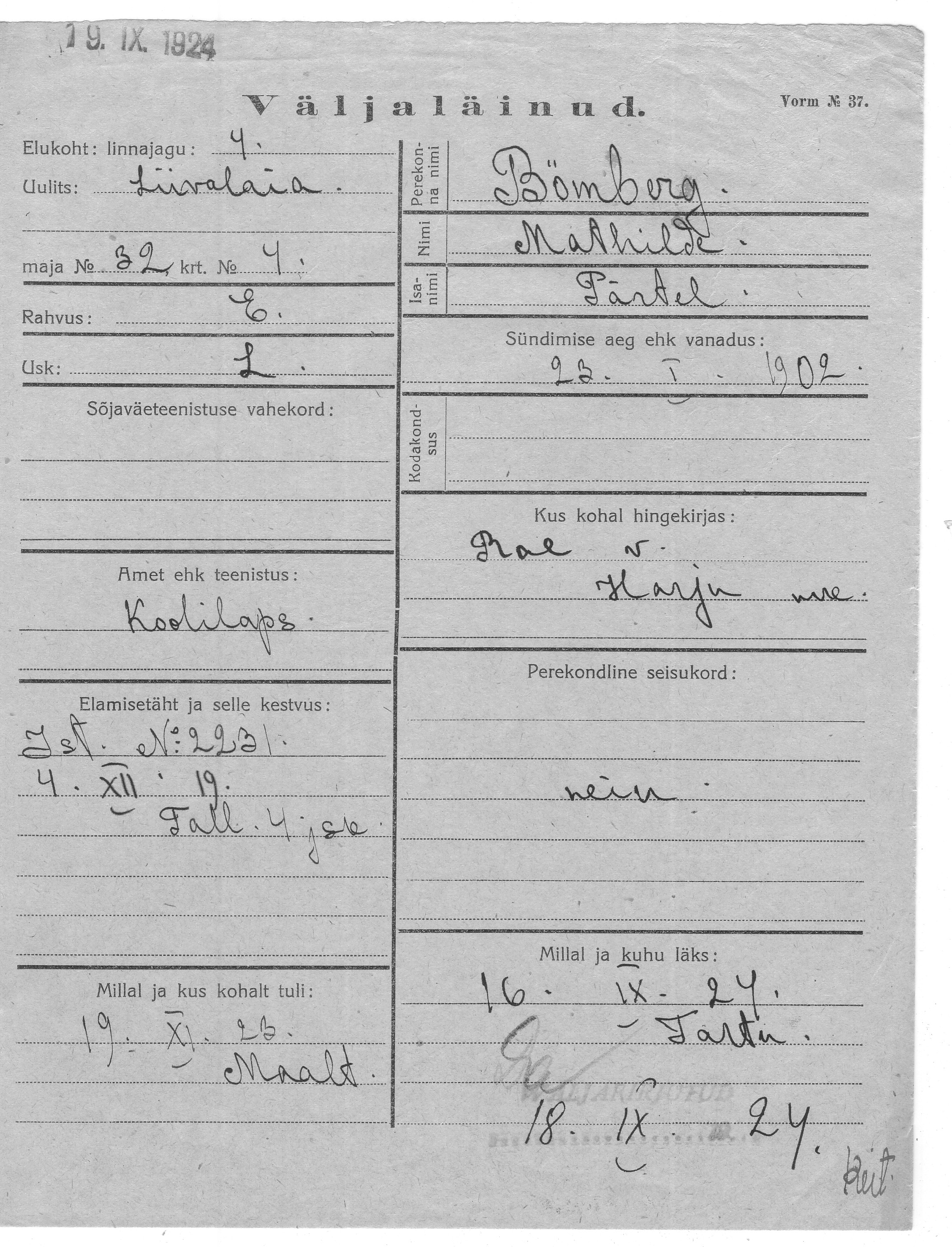 Bömberg, Mathilde, Pärtel