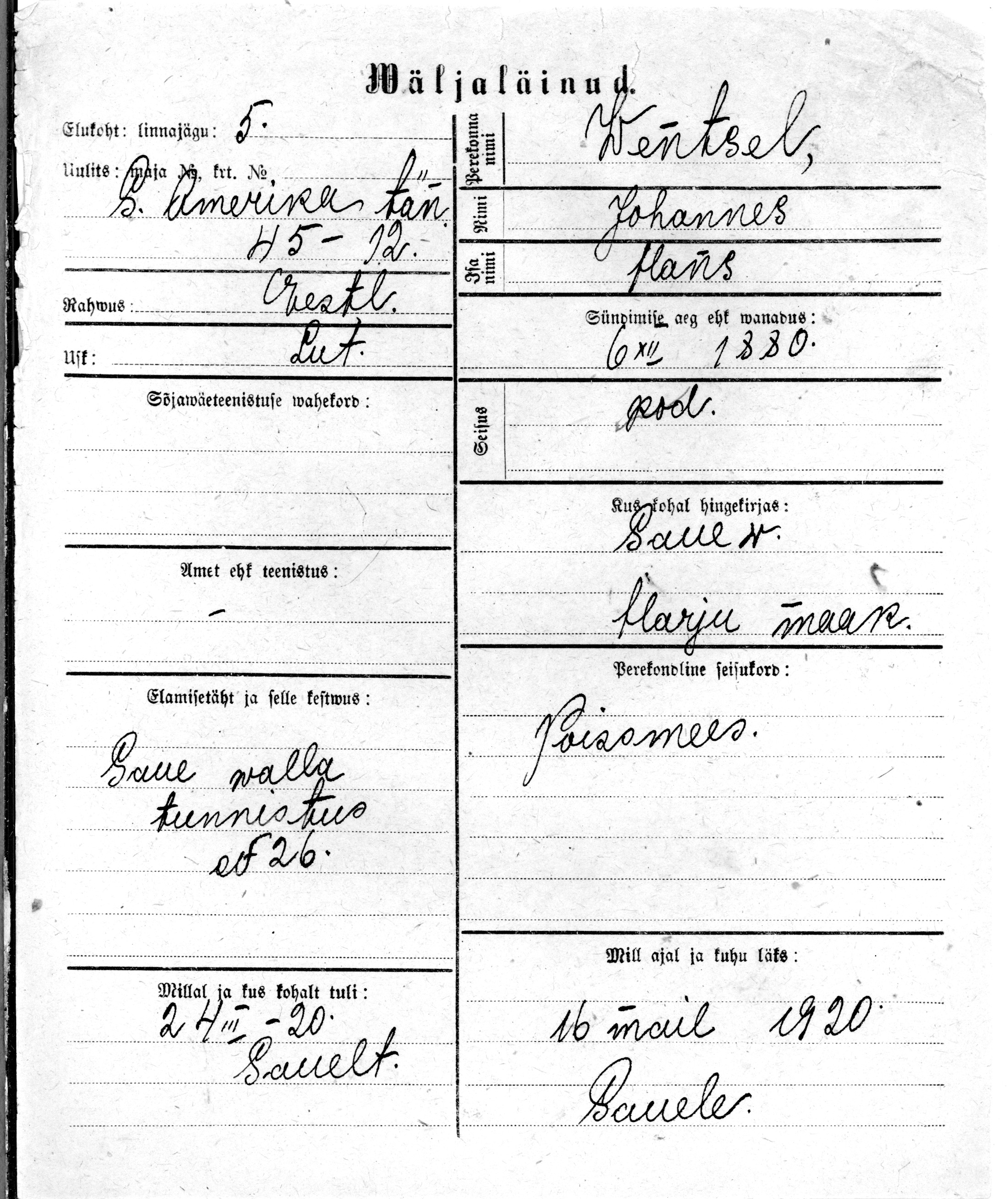 Wentsel, Johannes, Hans