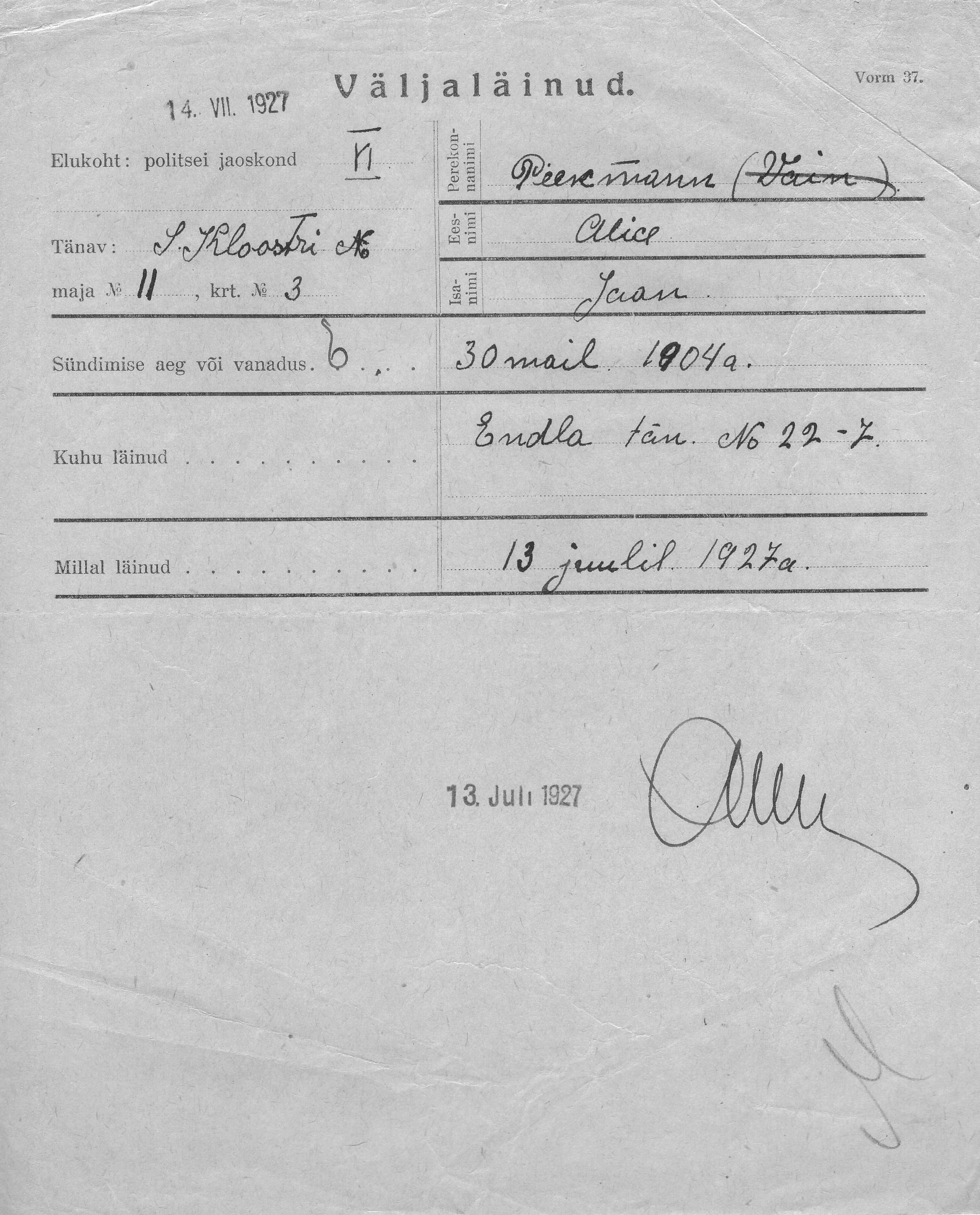 Peekmann, Alice, Jaan