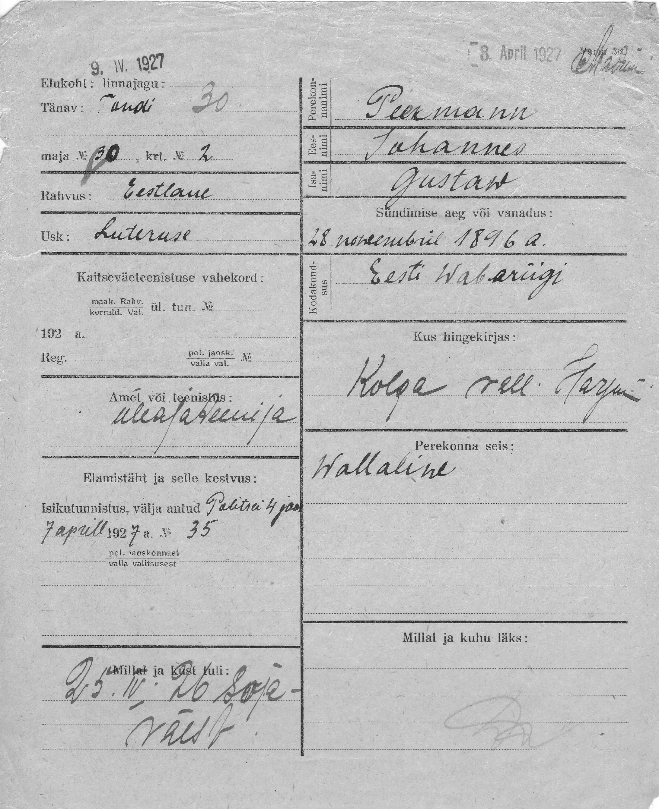 Peekmann, Johannes, Gustaw