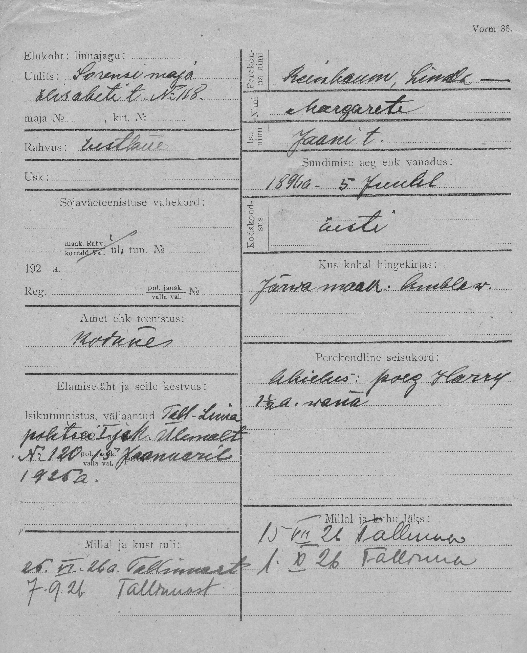 Reinbaum, Linda-Margarete, Jaan