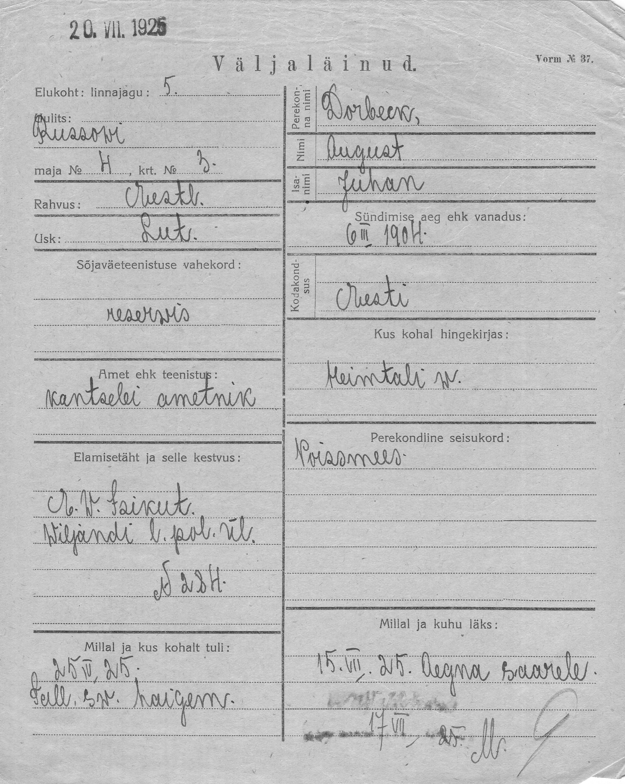 Dorbek, August, Juhan