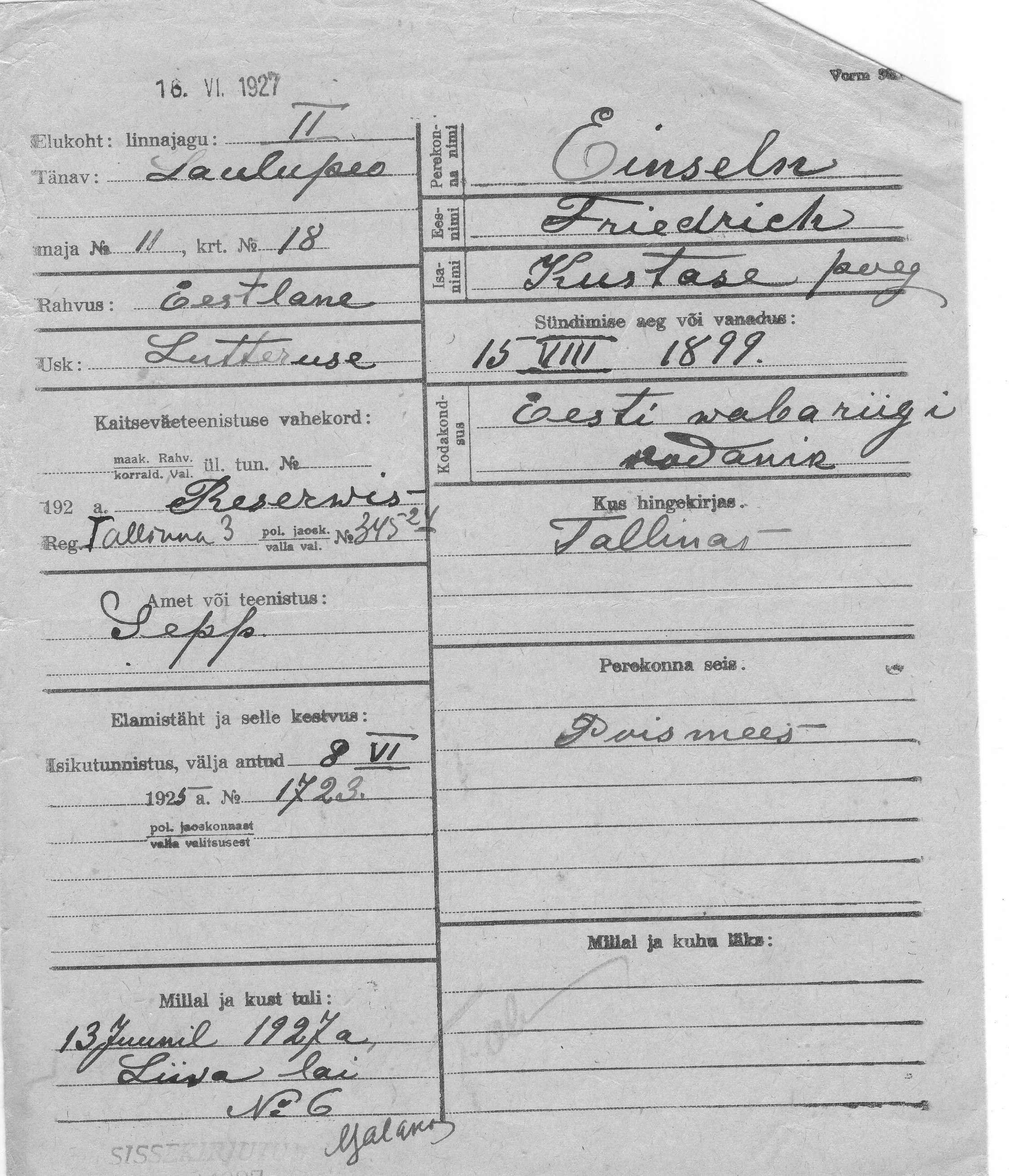 Einseln, Friedrich, Kustas