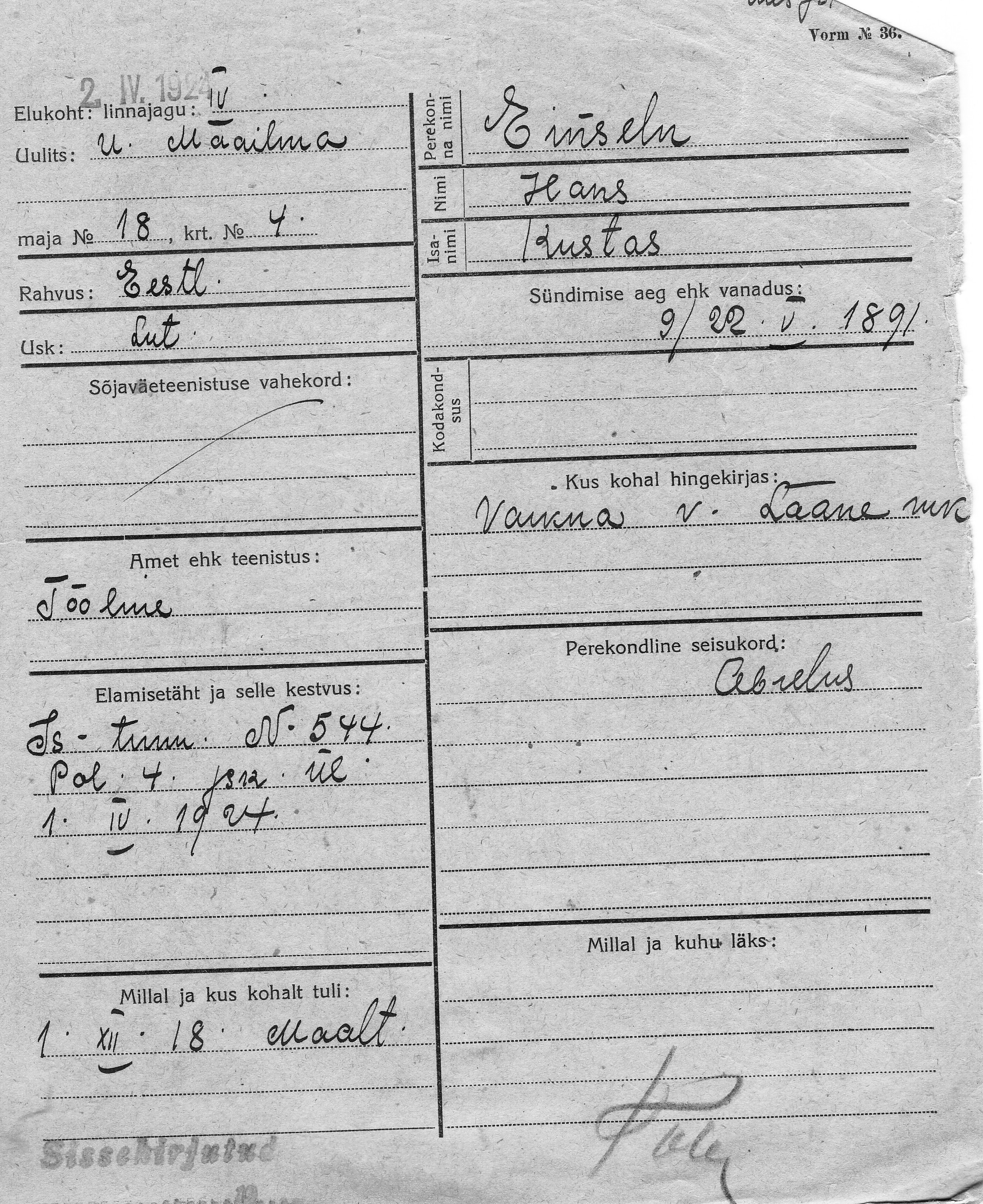 Einseln, Hans, Kustas