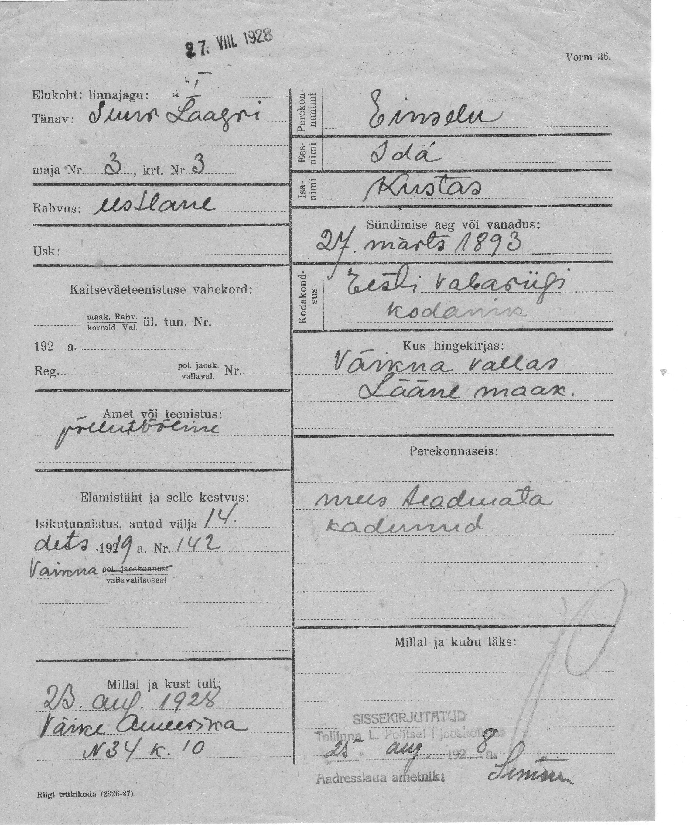 Einseln, Ida, Kustas