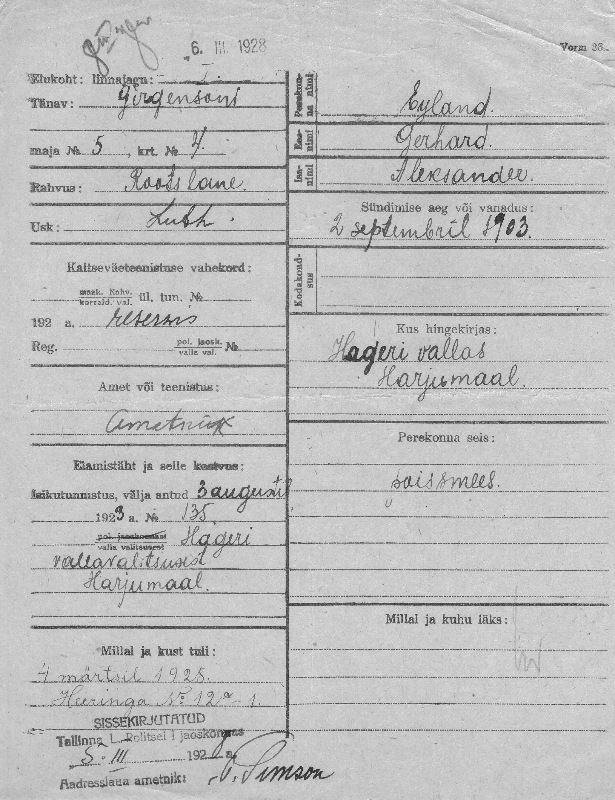 Eyland, Gerhard, Aleksander