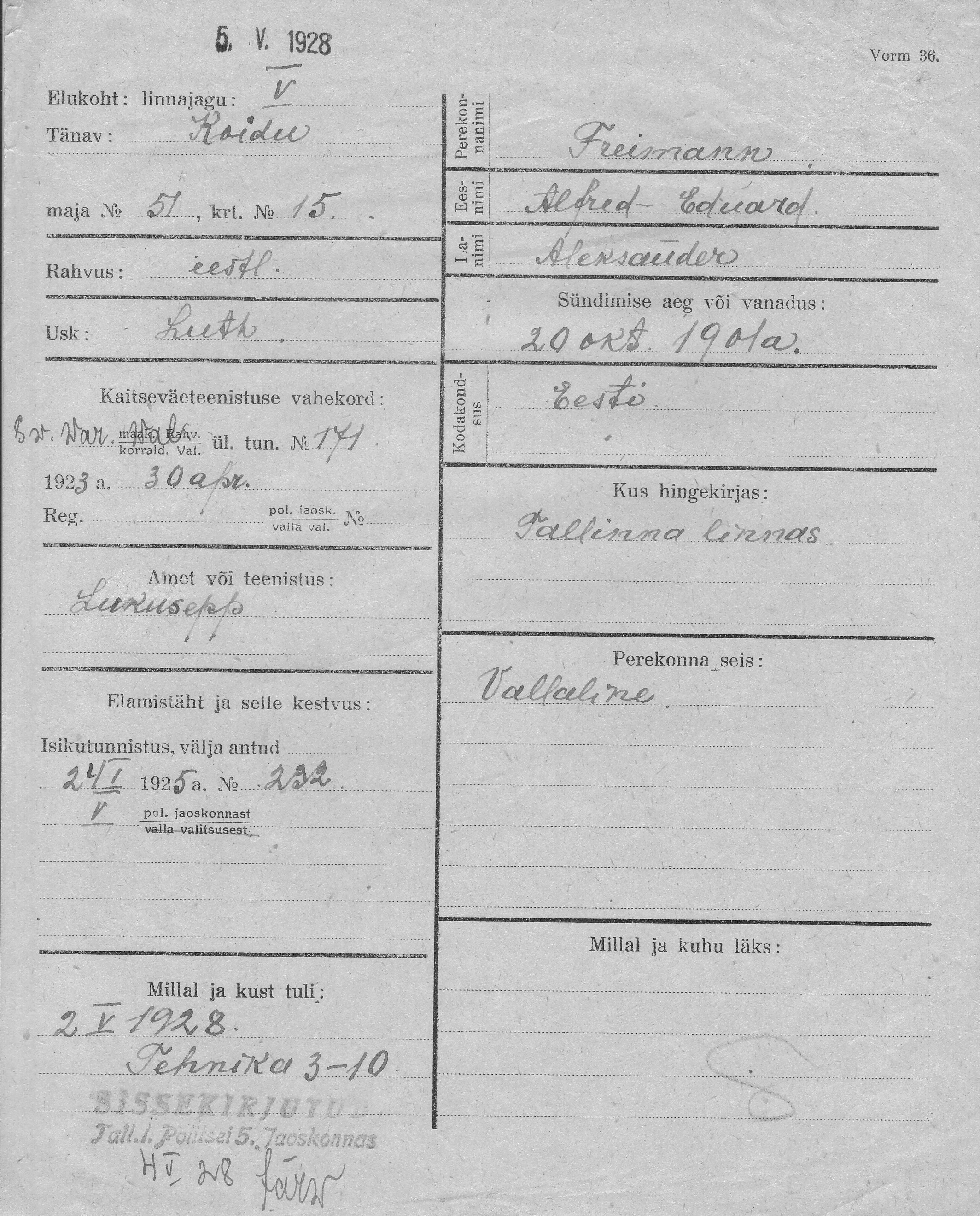 Freimann, Alfred-Eduard, Aleksander