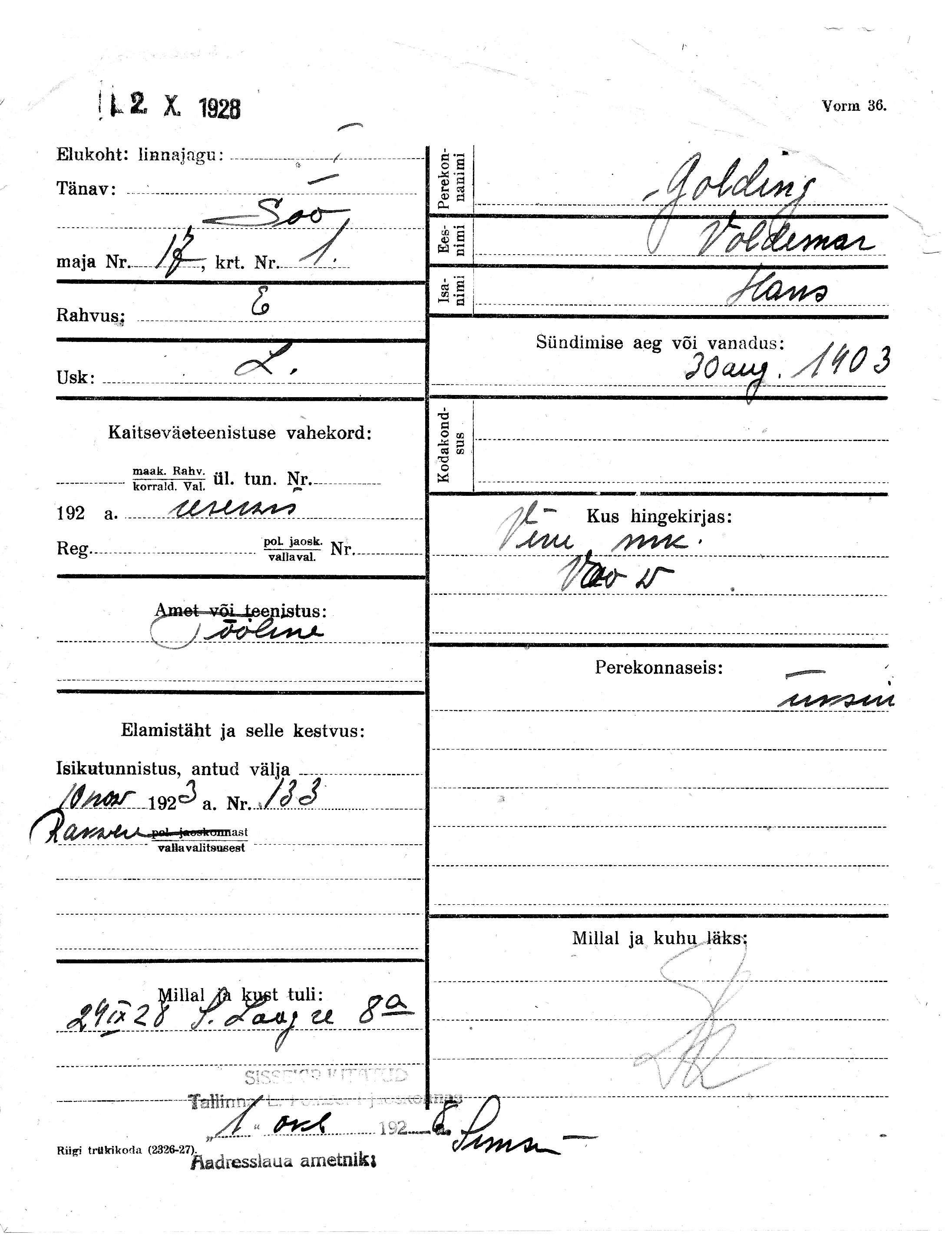 Golding, Voldemar, Hans