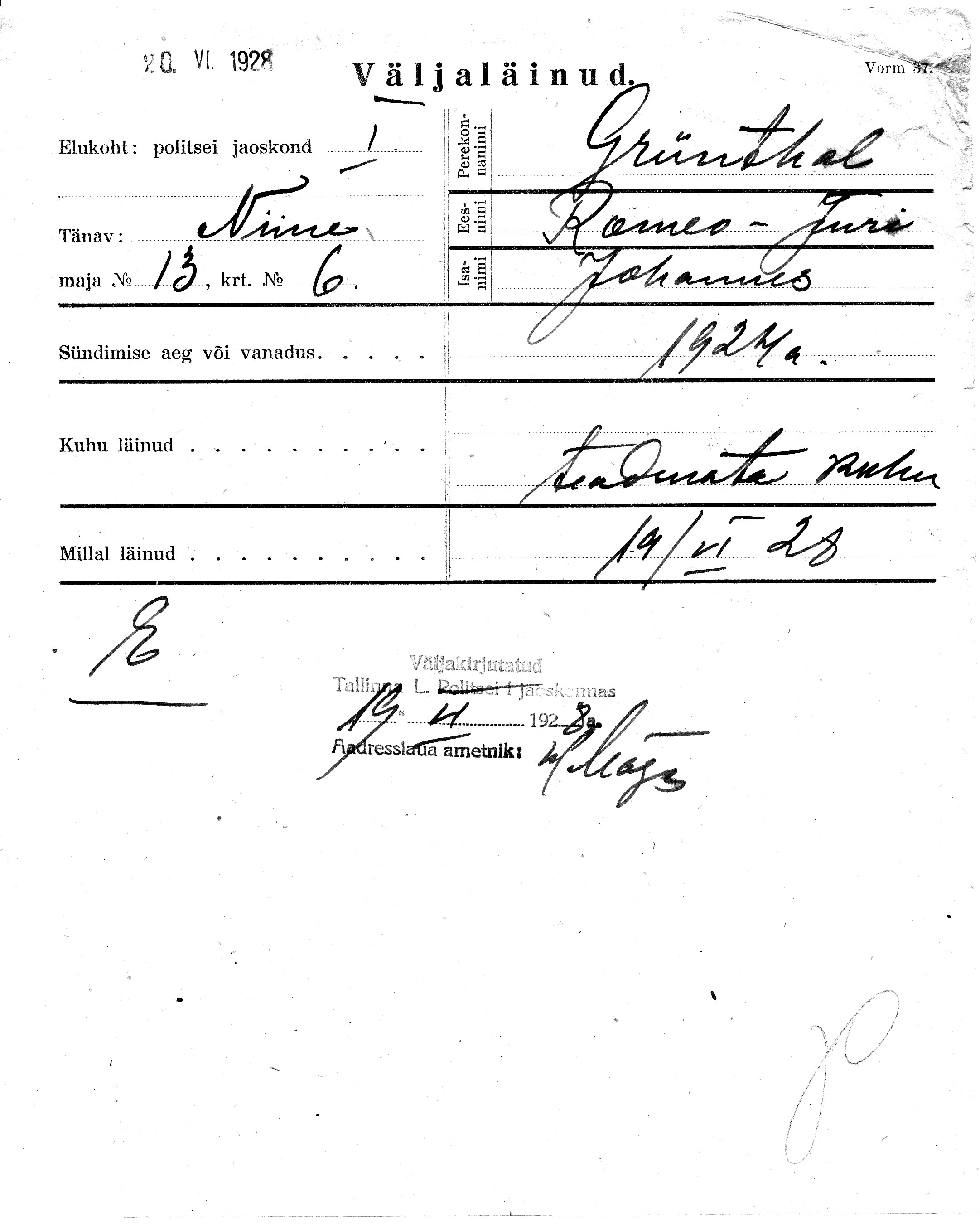 Grünthal, Romeo-Jüri, Johannes