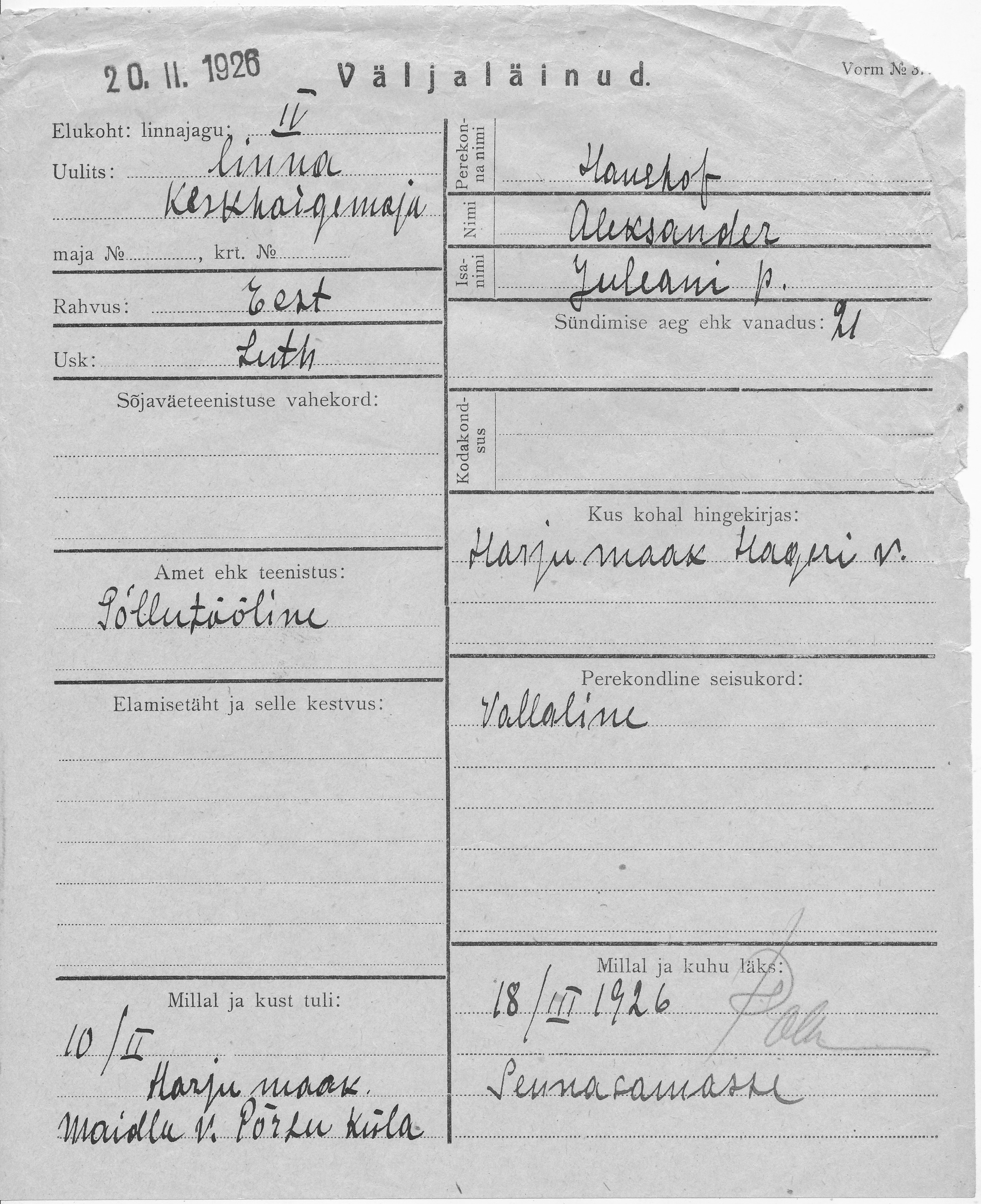 Hanshof, Aleksander, Juleani