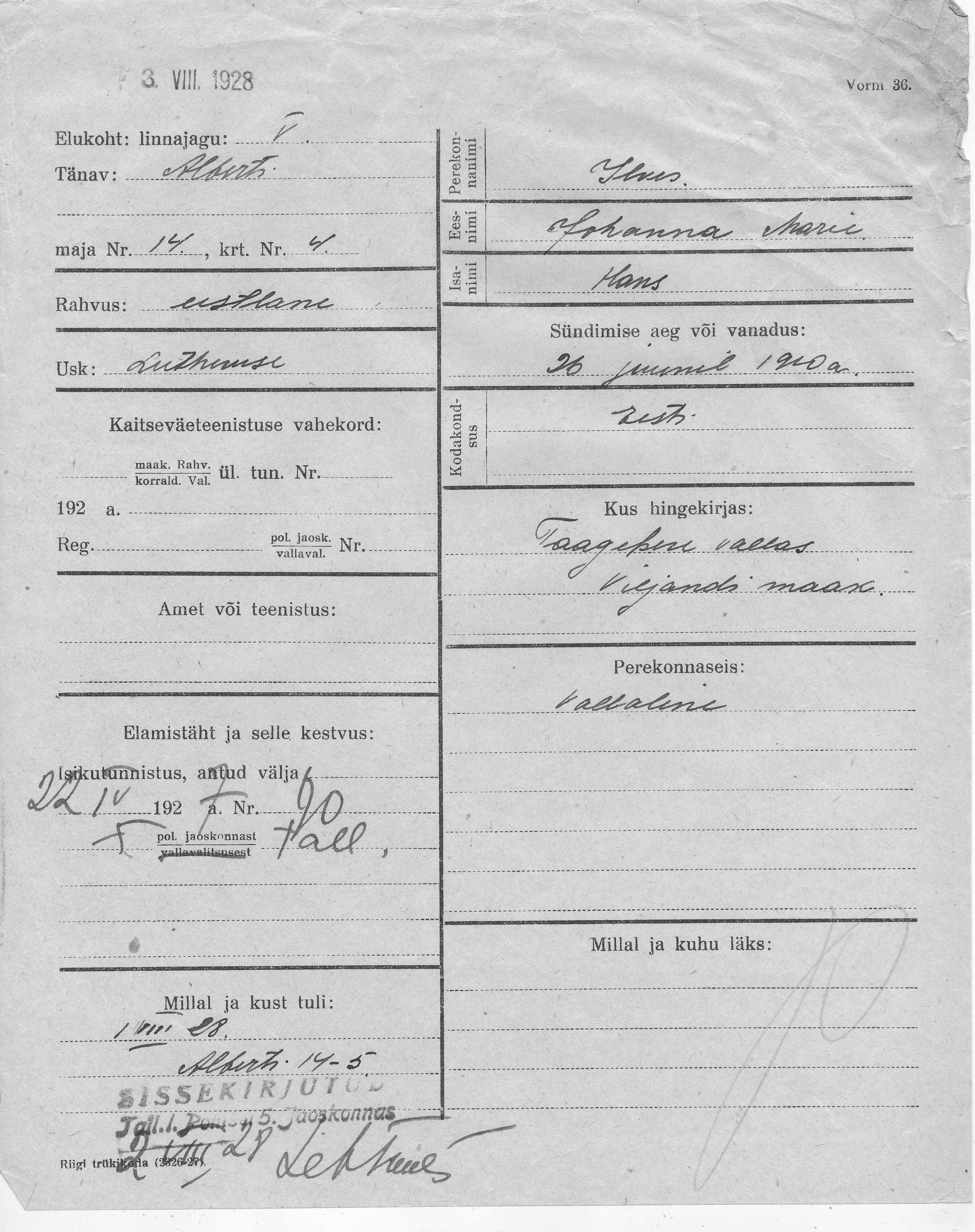 Ilves, Johanna Marie, Hans