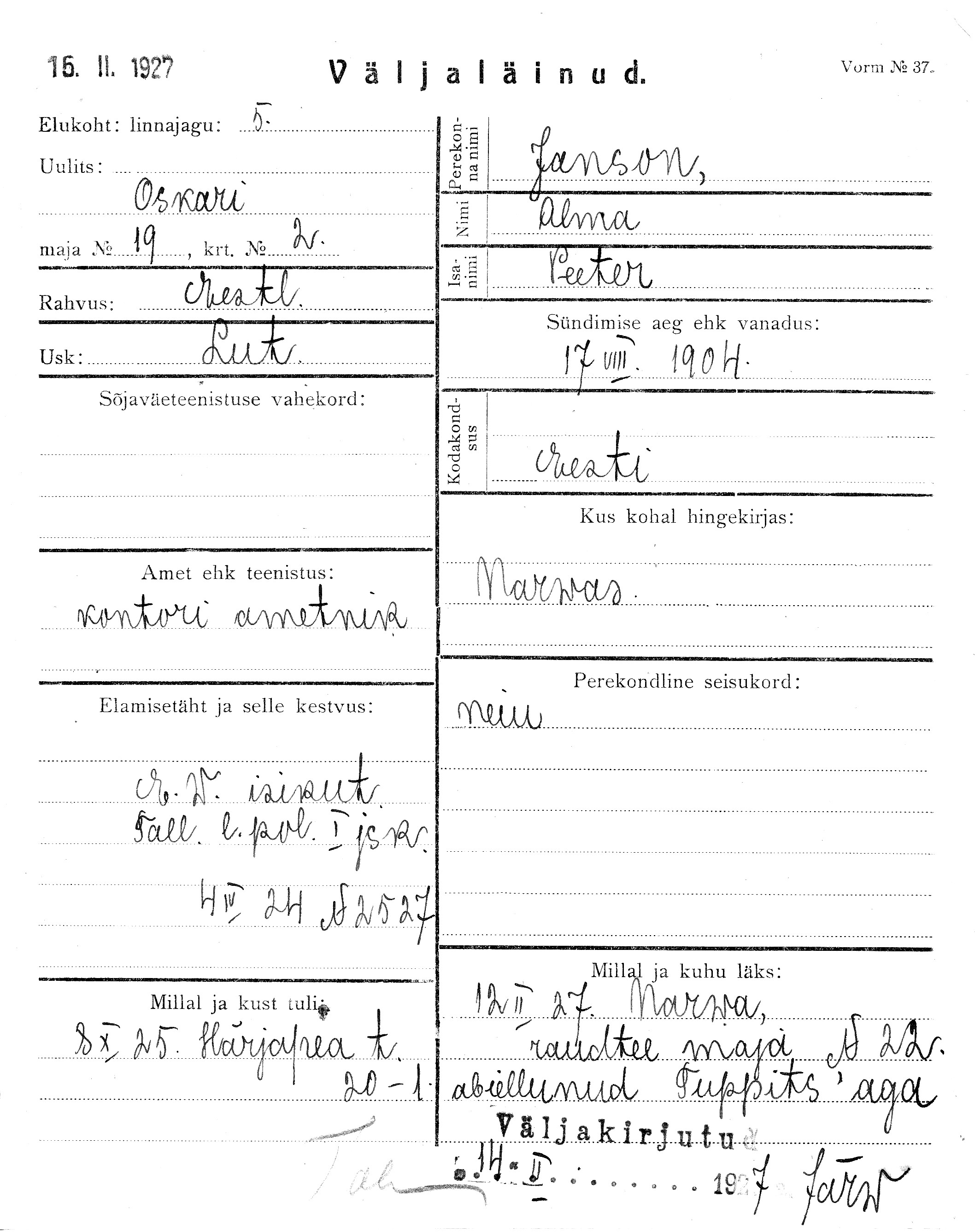 Janson, Alma, Peeter