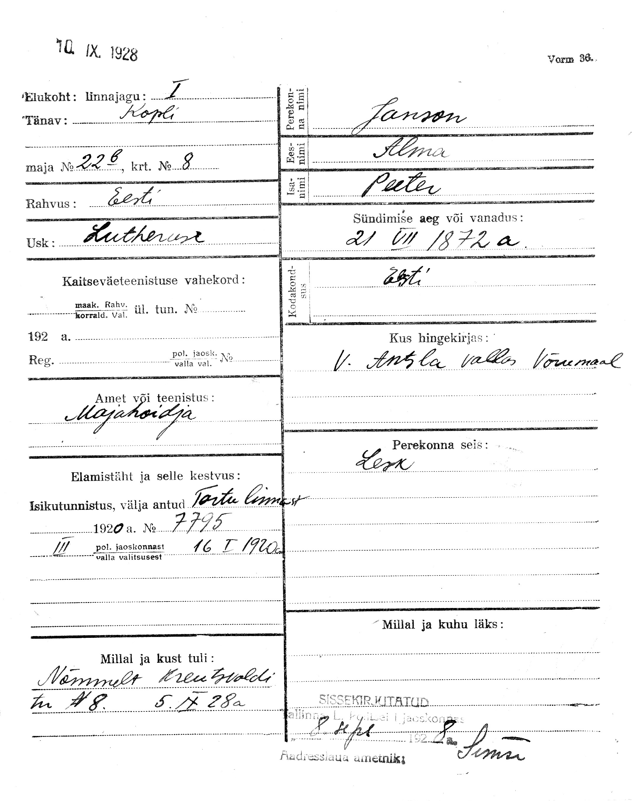 Janson, Alma, Peeter