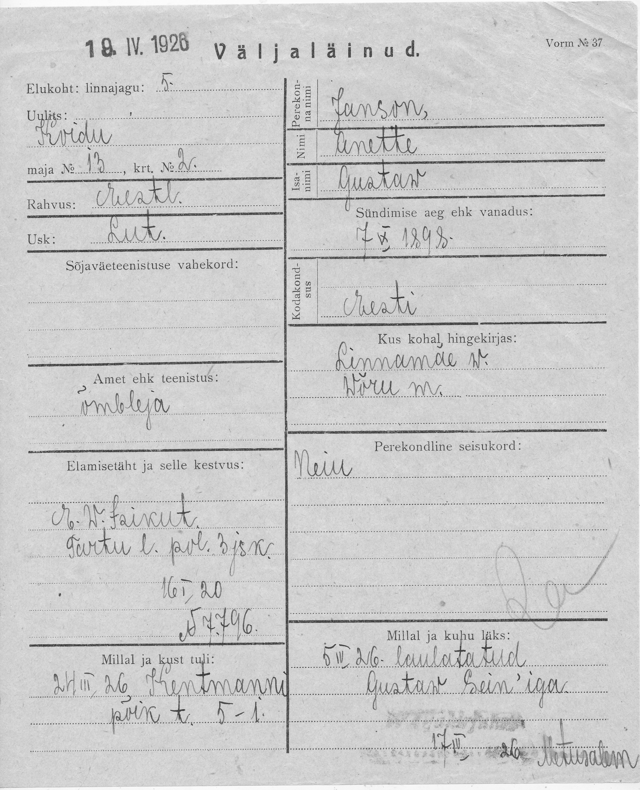 Janson, Anette, Gustaw